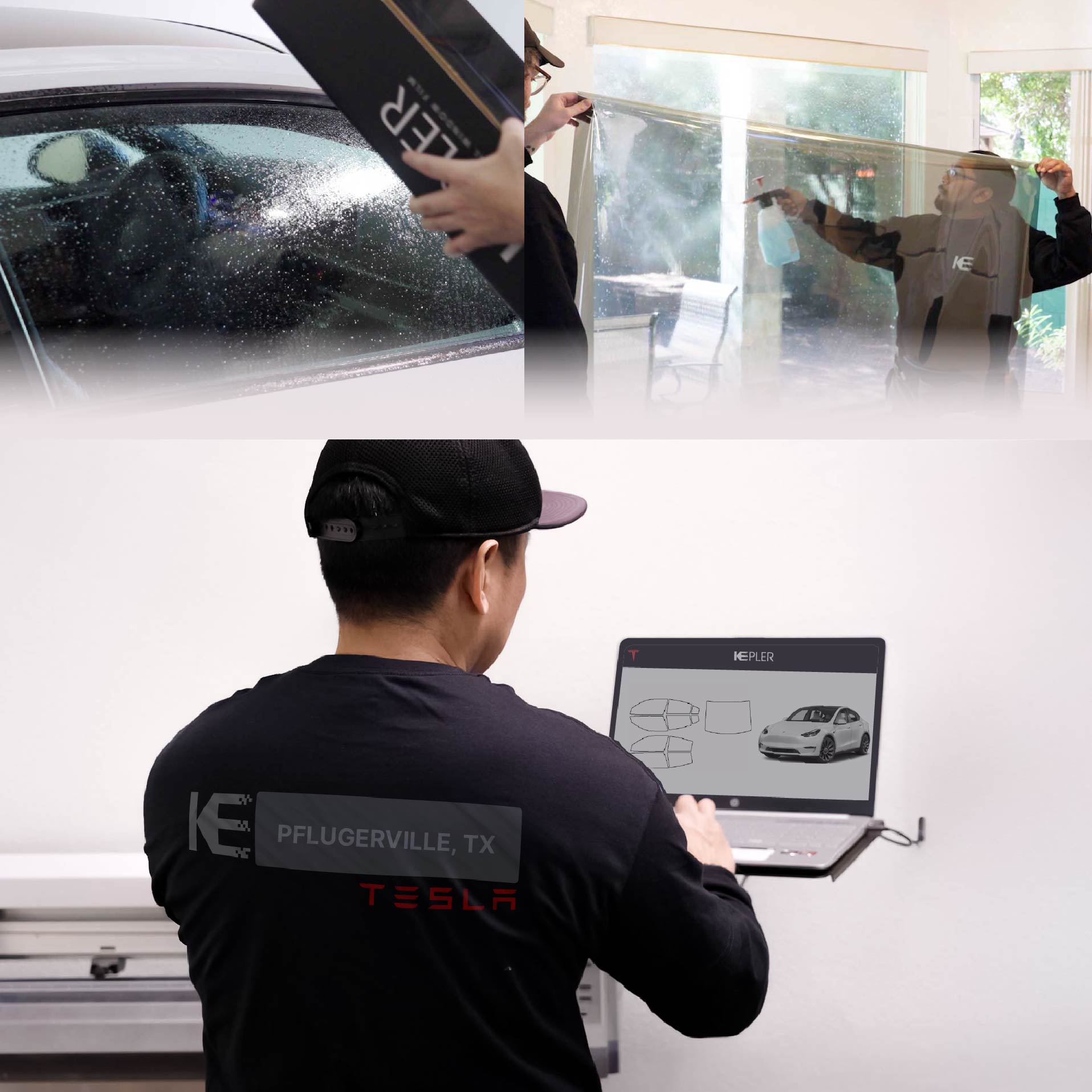 Expert Technician Fitting Ceramic Window Tint to Tesla in Pflugerville
