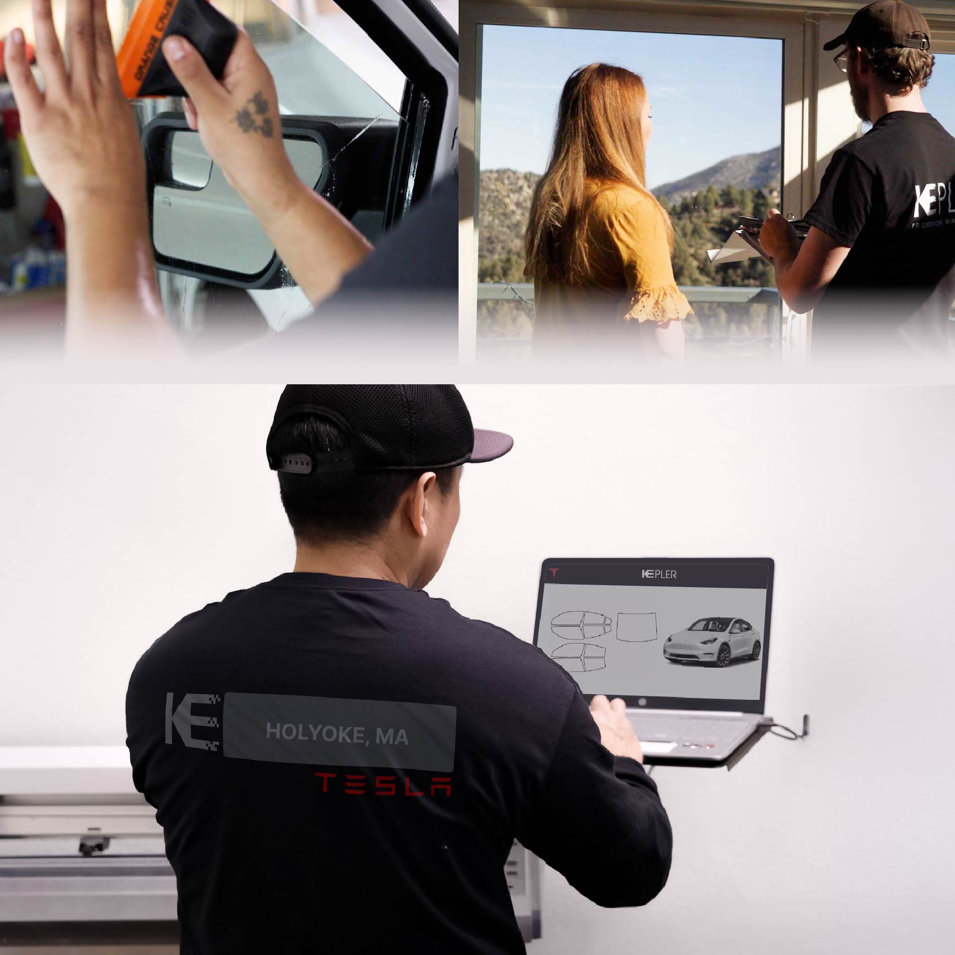Expert Technician Applying High-tech Window Tint to Tesla in Holyoke