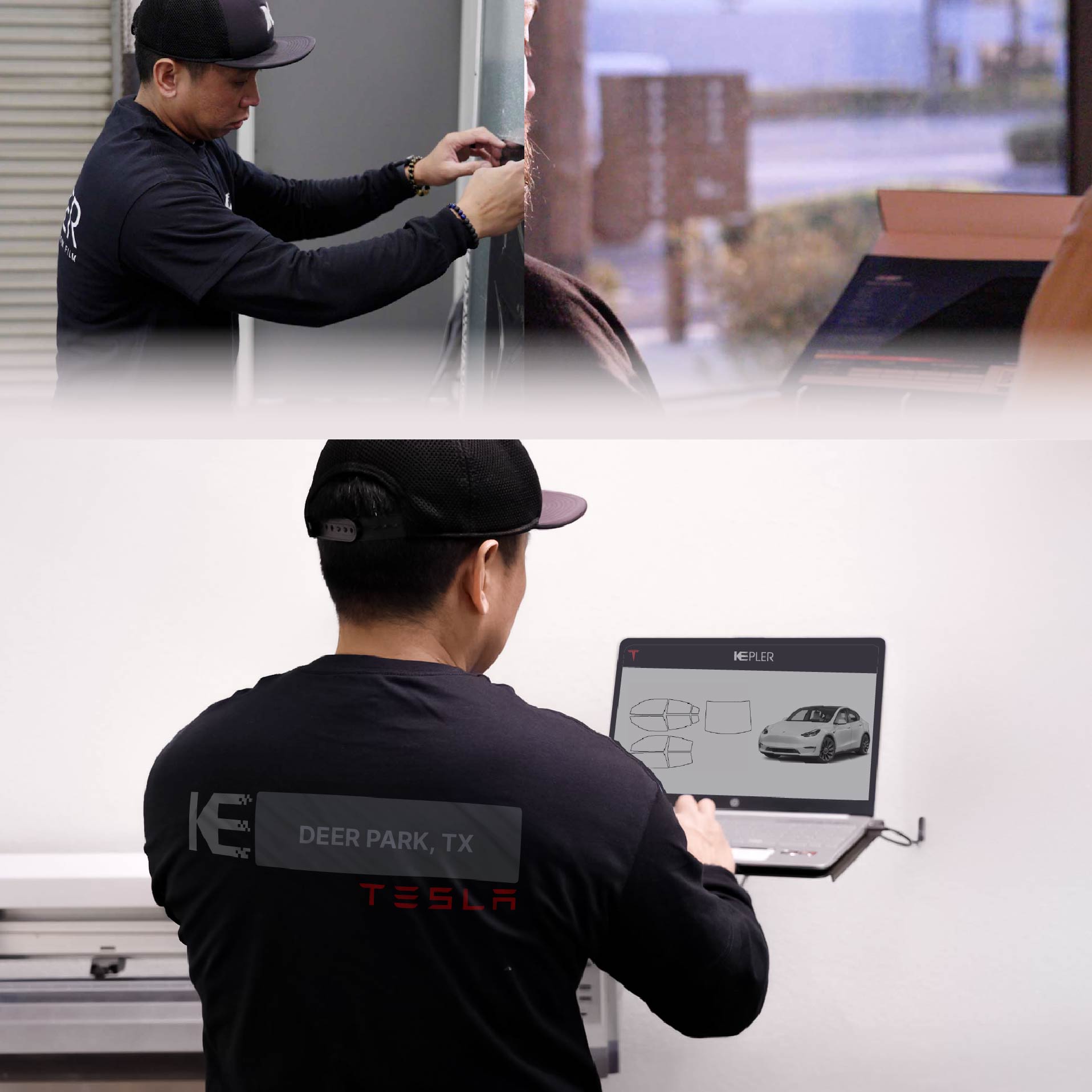 Expert Technician Fitting High-tech Window Tint to Tesla in Deer Park