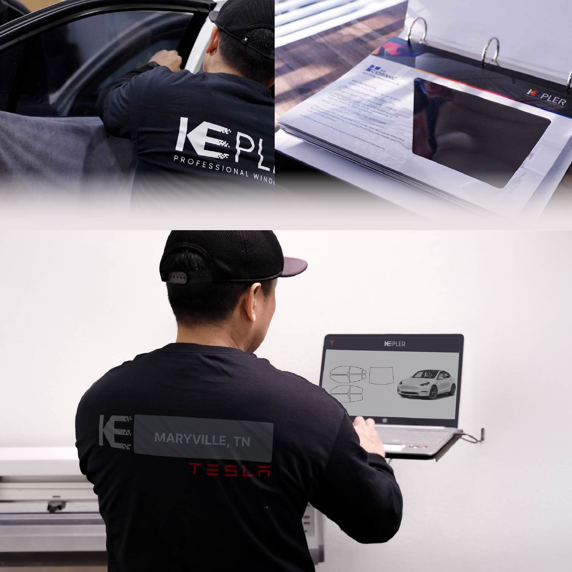 Kepler Technician Installing Advanced Window Tint to Tesla in Maryville