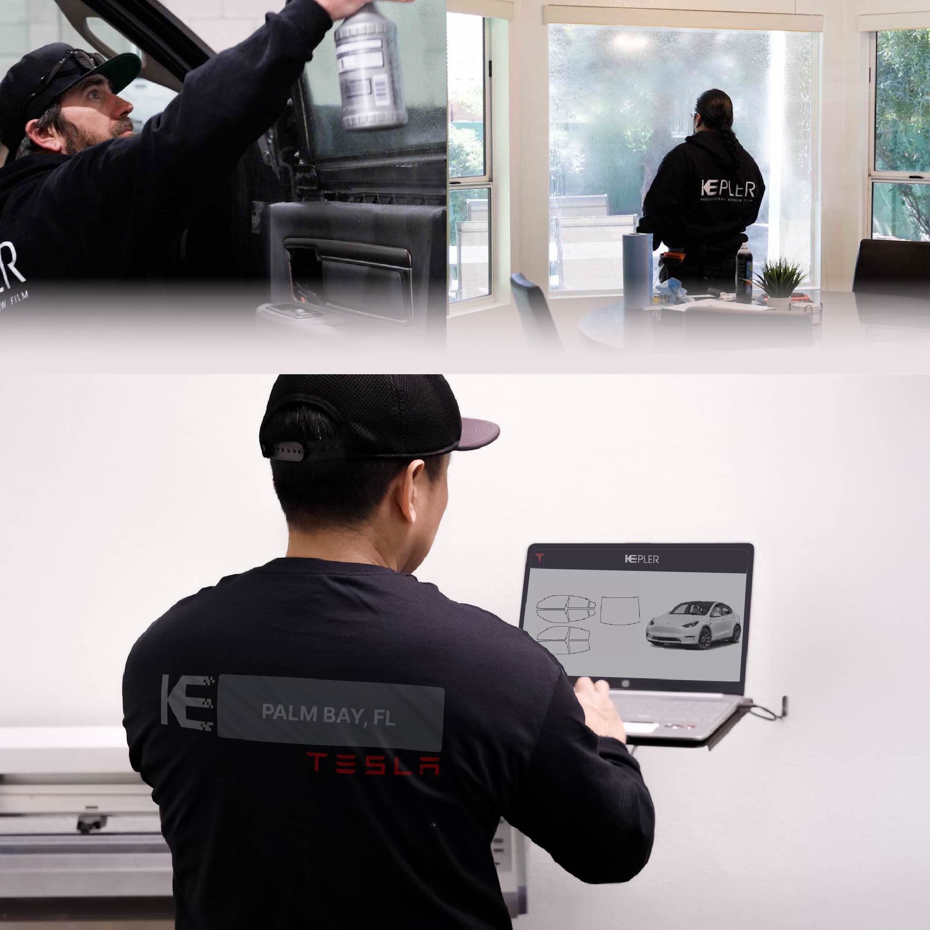 Kepler Technician Fitting Advanced Window Tint to Tesla in Palm Bay