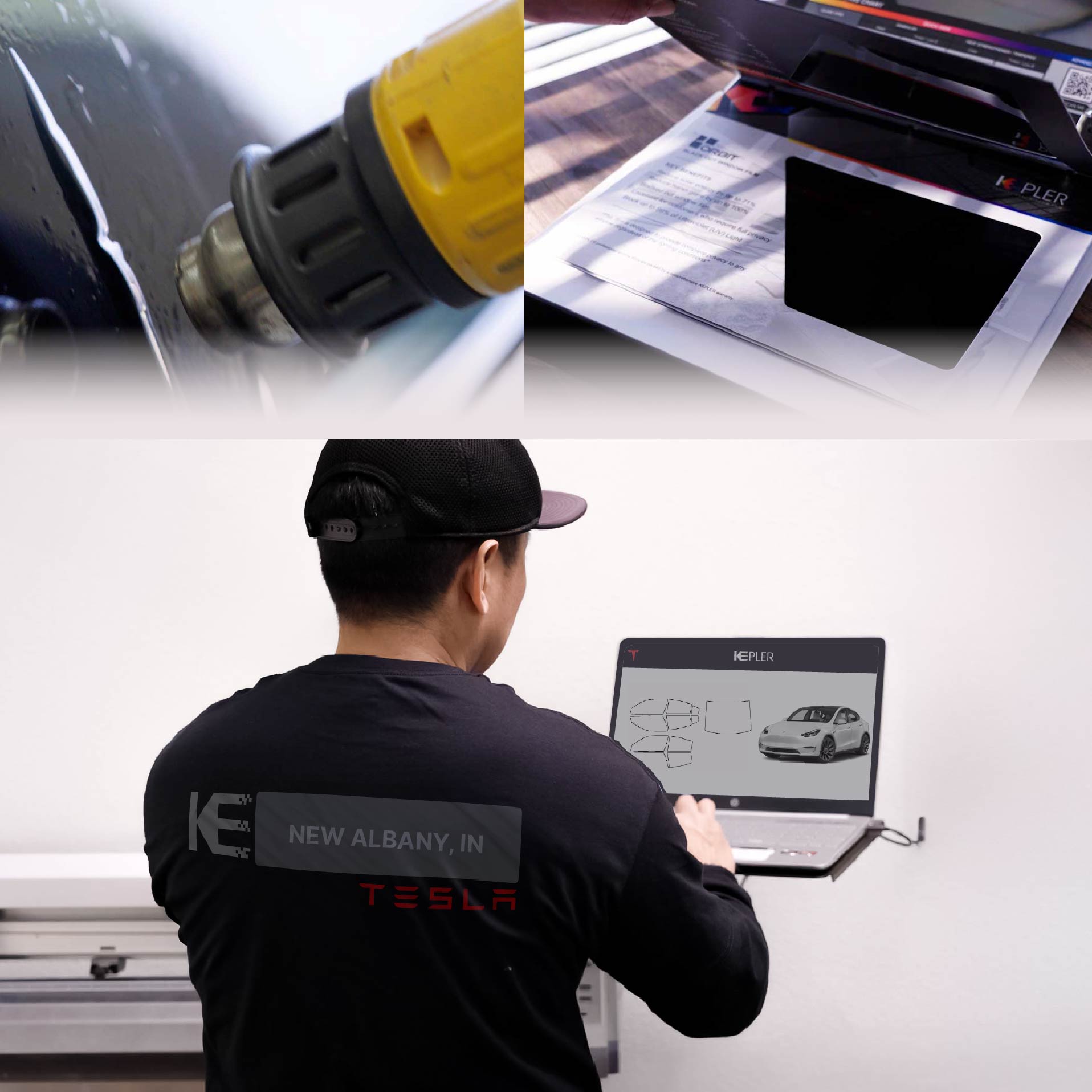 Expert Technician Installing Ceramic Window Tint to Tesla in New Albany