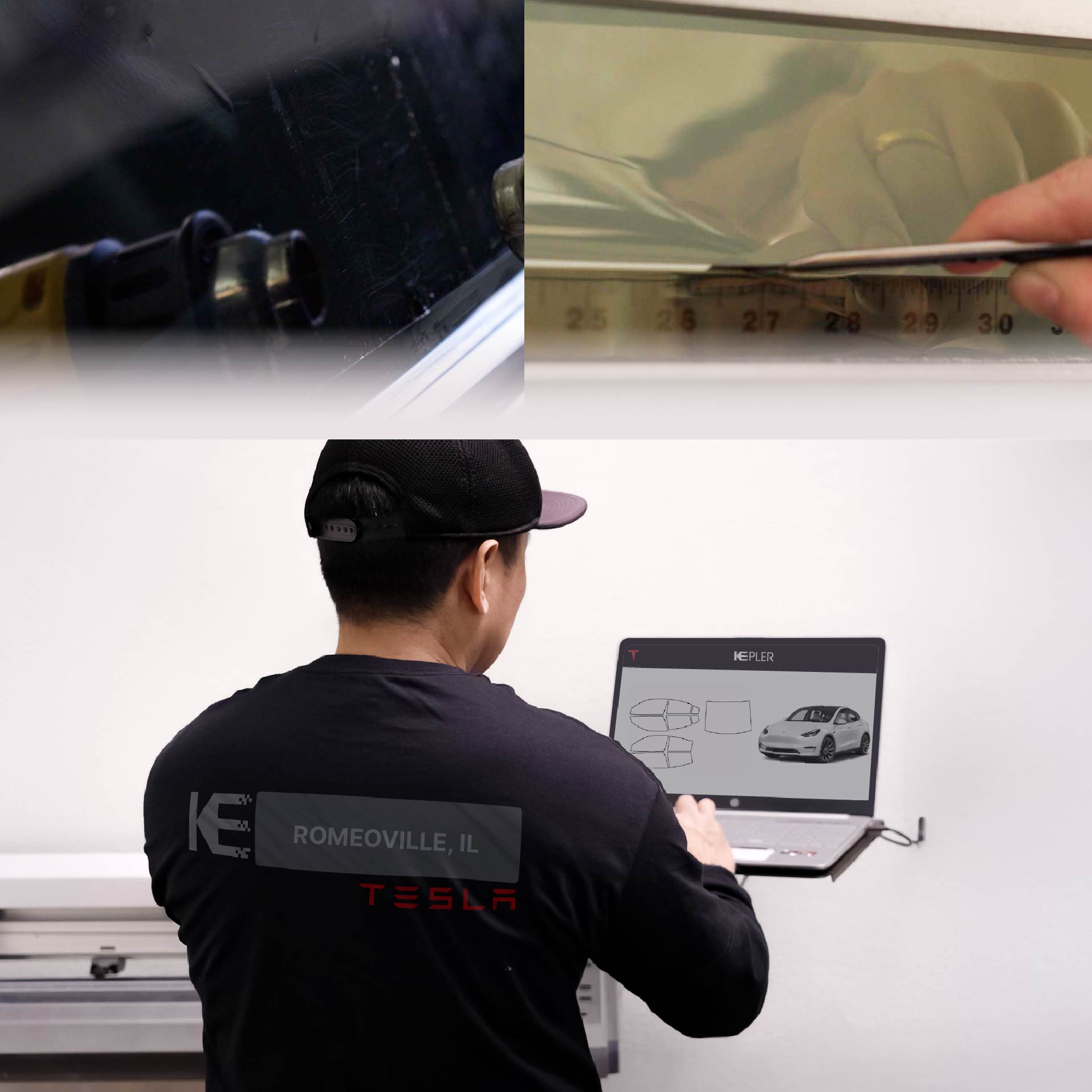 Expert Technician Fitting High-tech Window Tint to Tesla in Romeoville