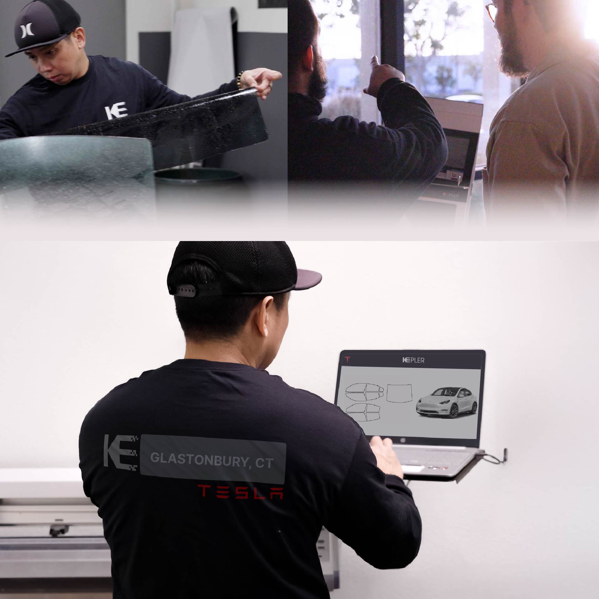Expert Technician Installing Ceramic Window Tint to Tesla in Glastonbury