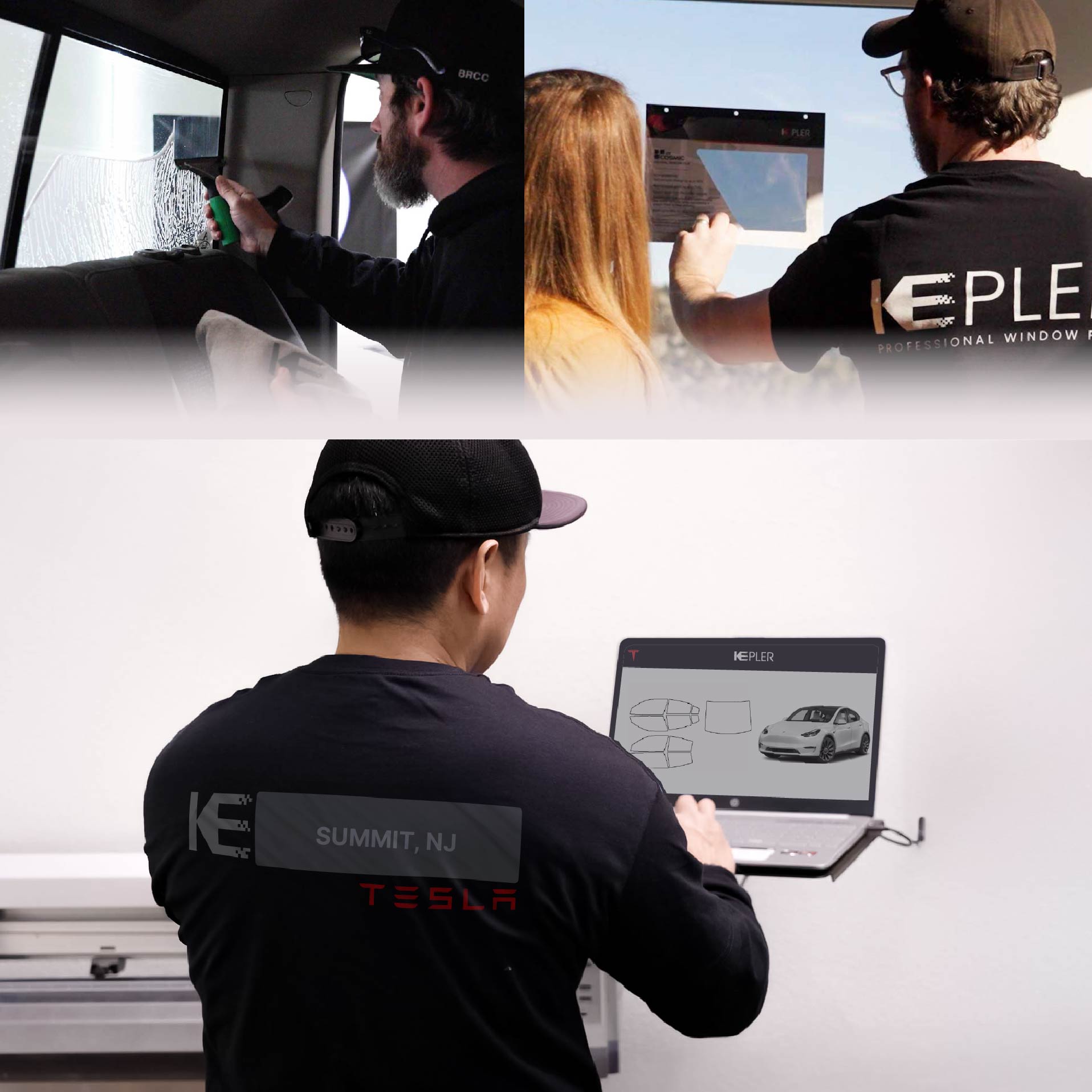Kepler Technician Installing Ceramic Window Tint to Tesla in Summit