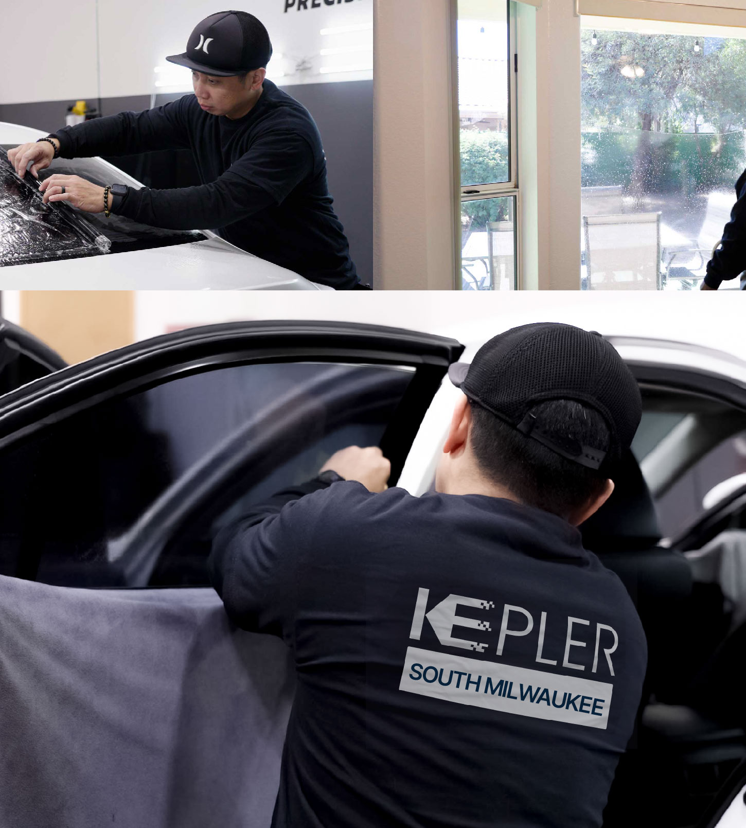 Automotive Window Tinting Expert Applying Film in South Milwaukee, Wisconsin