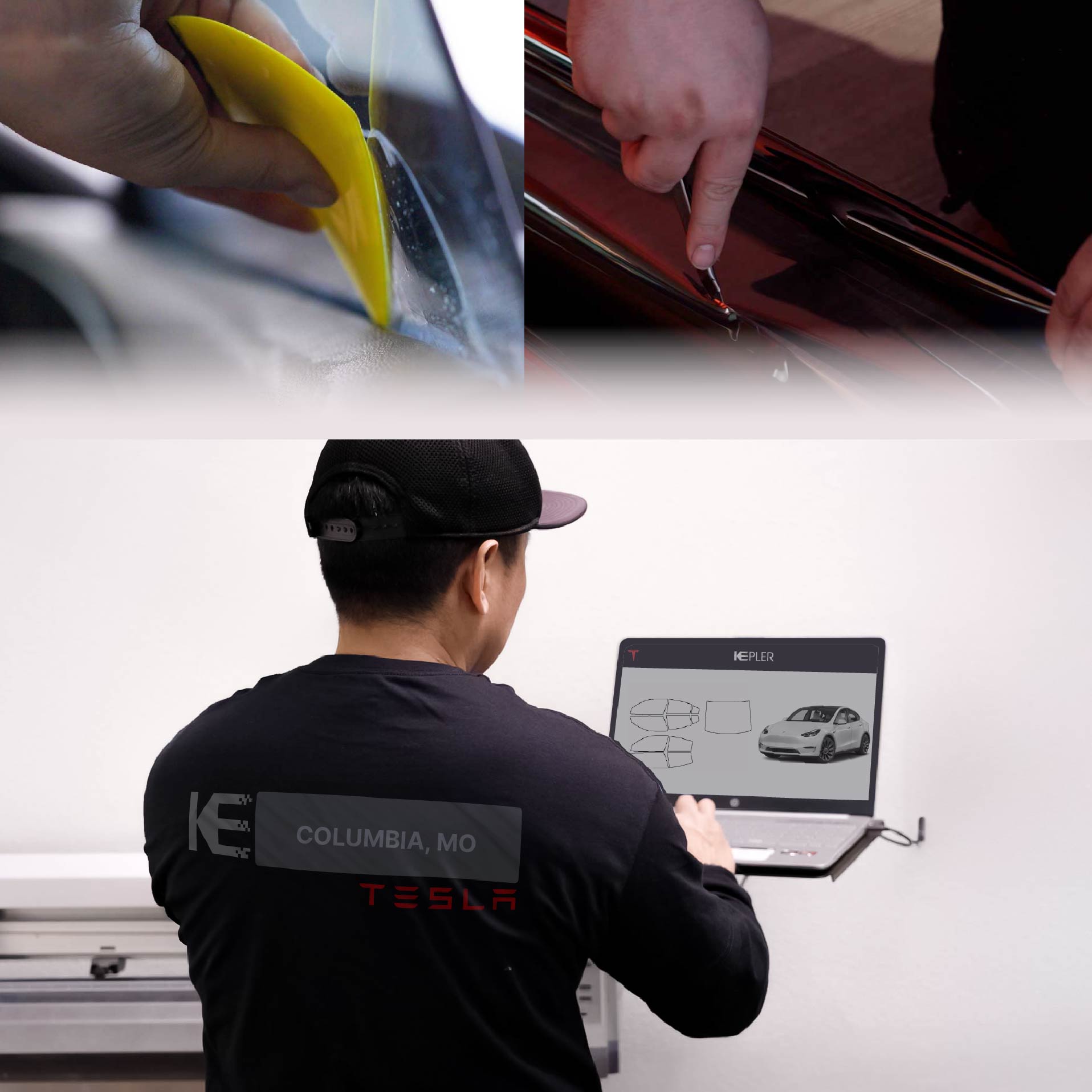 Expert Technician Fitting Ceramic Window Tint to Tesla in Columbia
