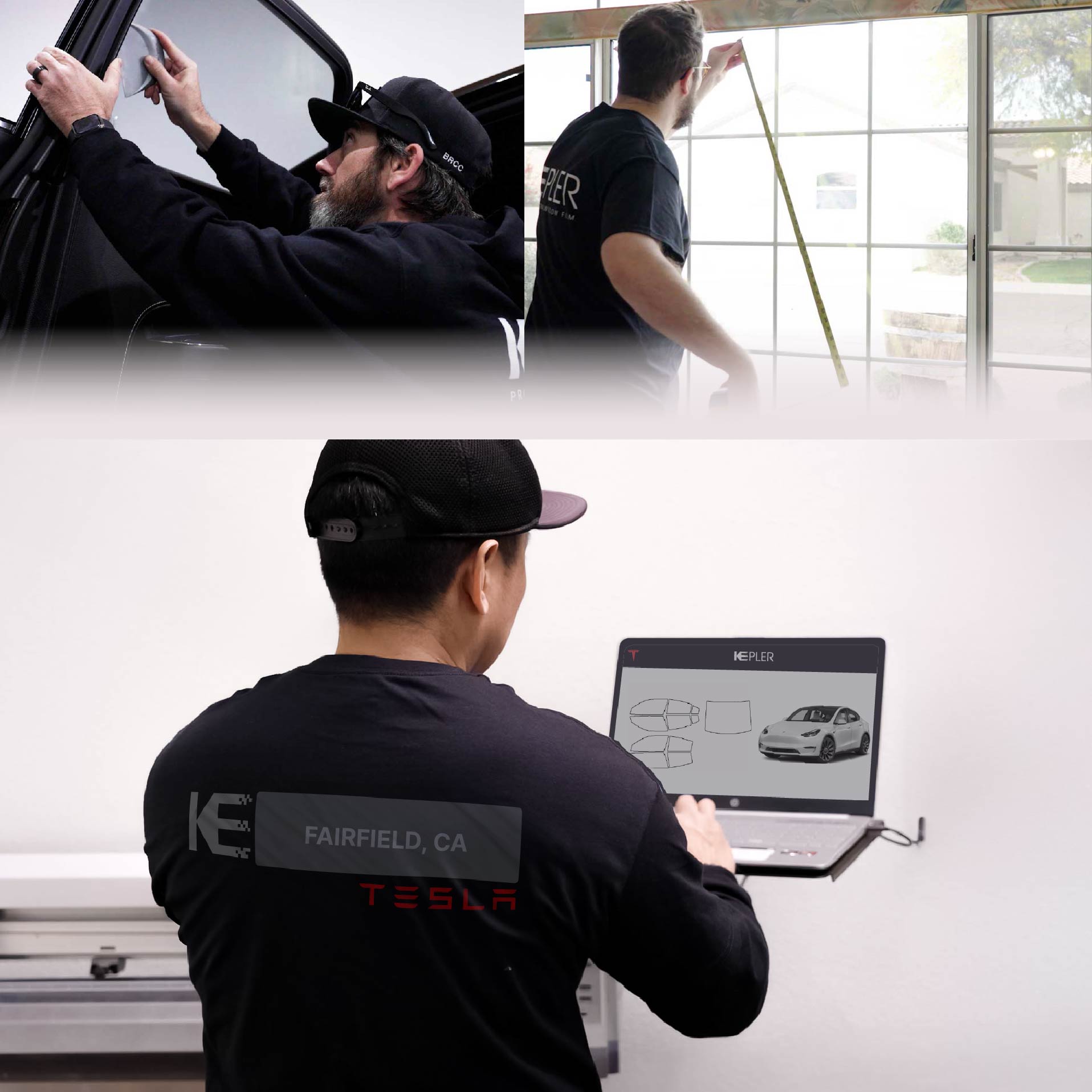 Expert Technician Applying Advanced Window Tint to Tesla in Fairfield