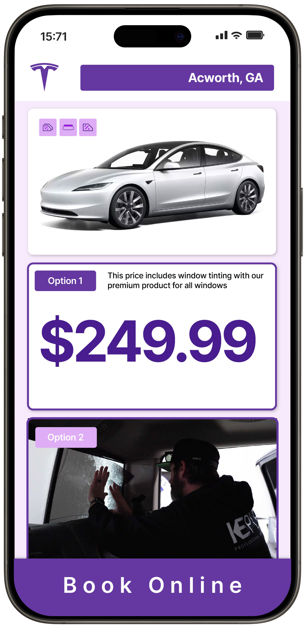 View Competitive Tesla Window Tinting Costs in Acworth, Georgia