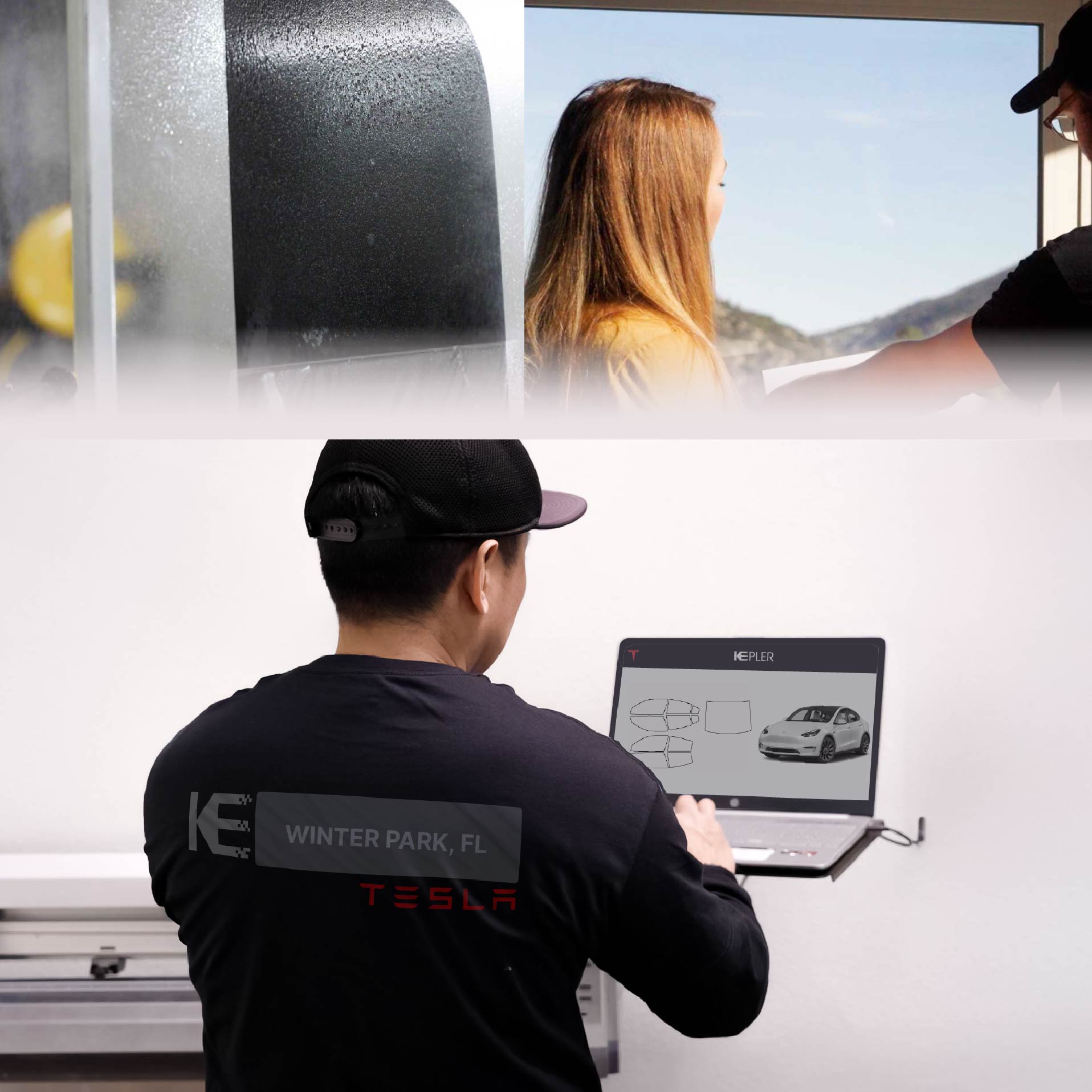 Expert Technician Applying High-tech Window Tint to Tesla in Winter Park