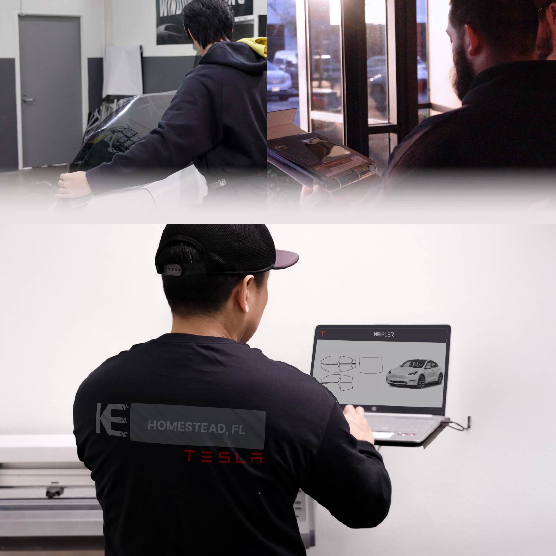 Kepler Technician Fitting Ceramic Window Tint to Tesla in Homestead
