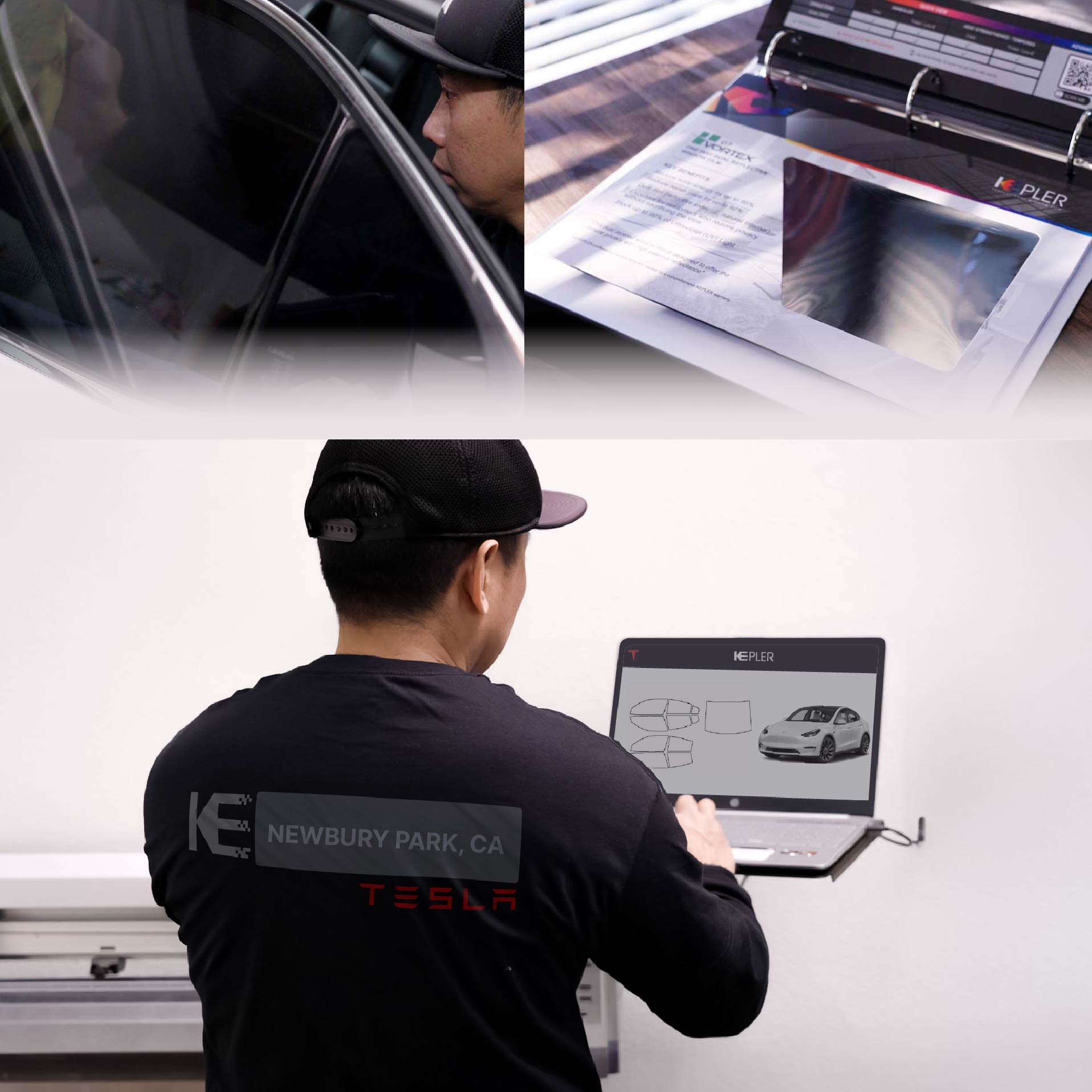 Expert Technician Applying High-tech Window Tint to Tesla in Newbury Park