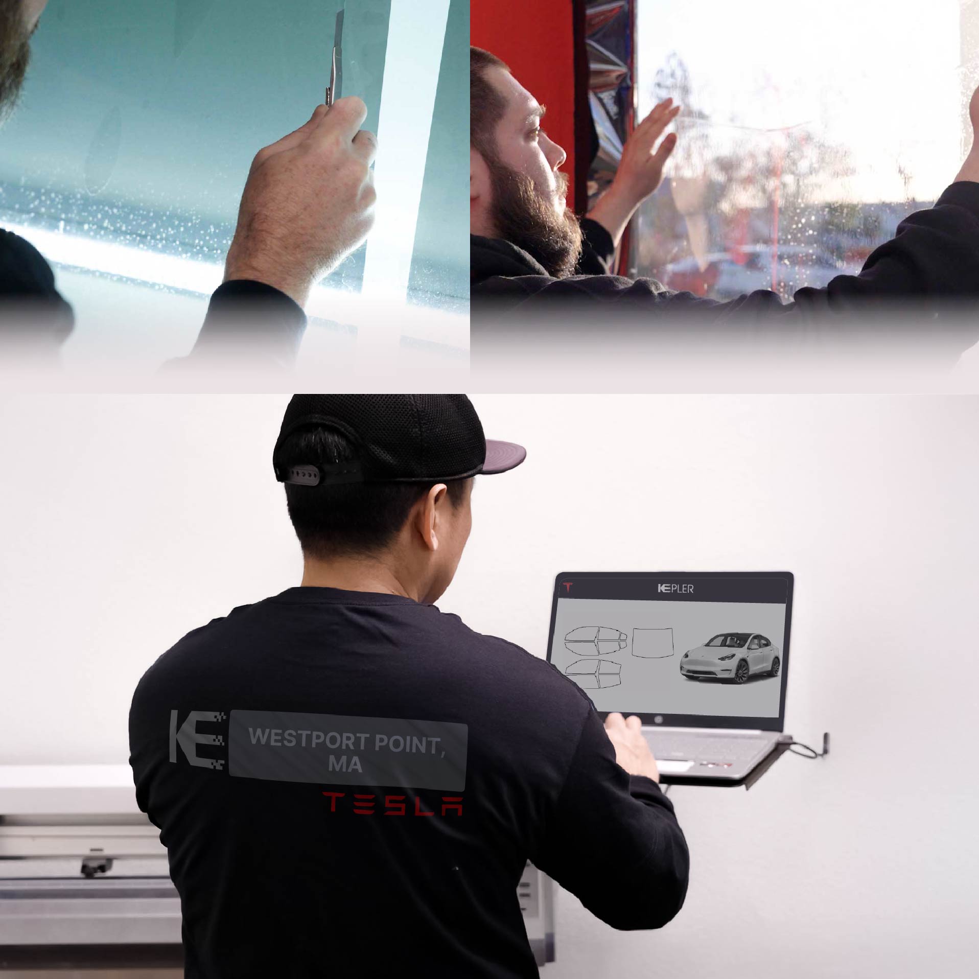 Kepler Technician Installing High-tech Window Tint to Tesla in Westport Point