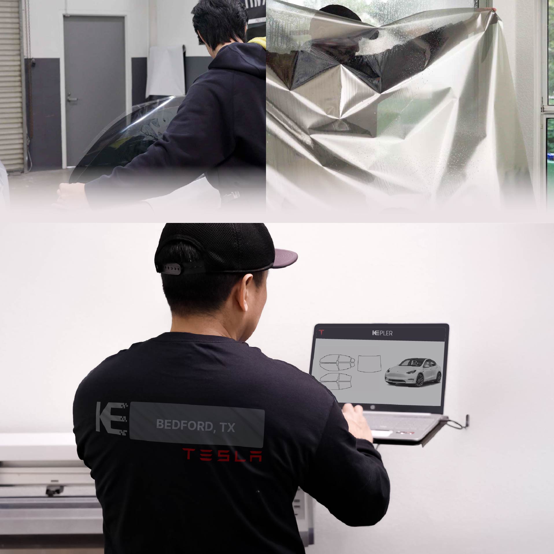 Expert Technician Fitting Advanced Window Tint to Tesla in Bedford