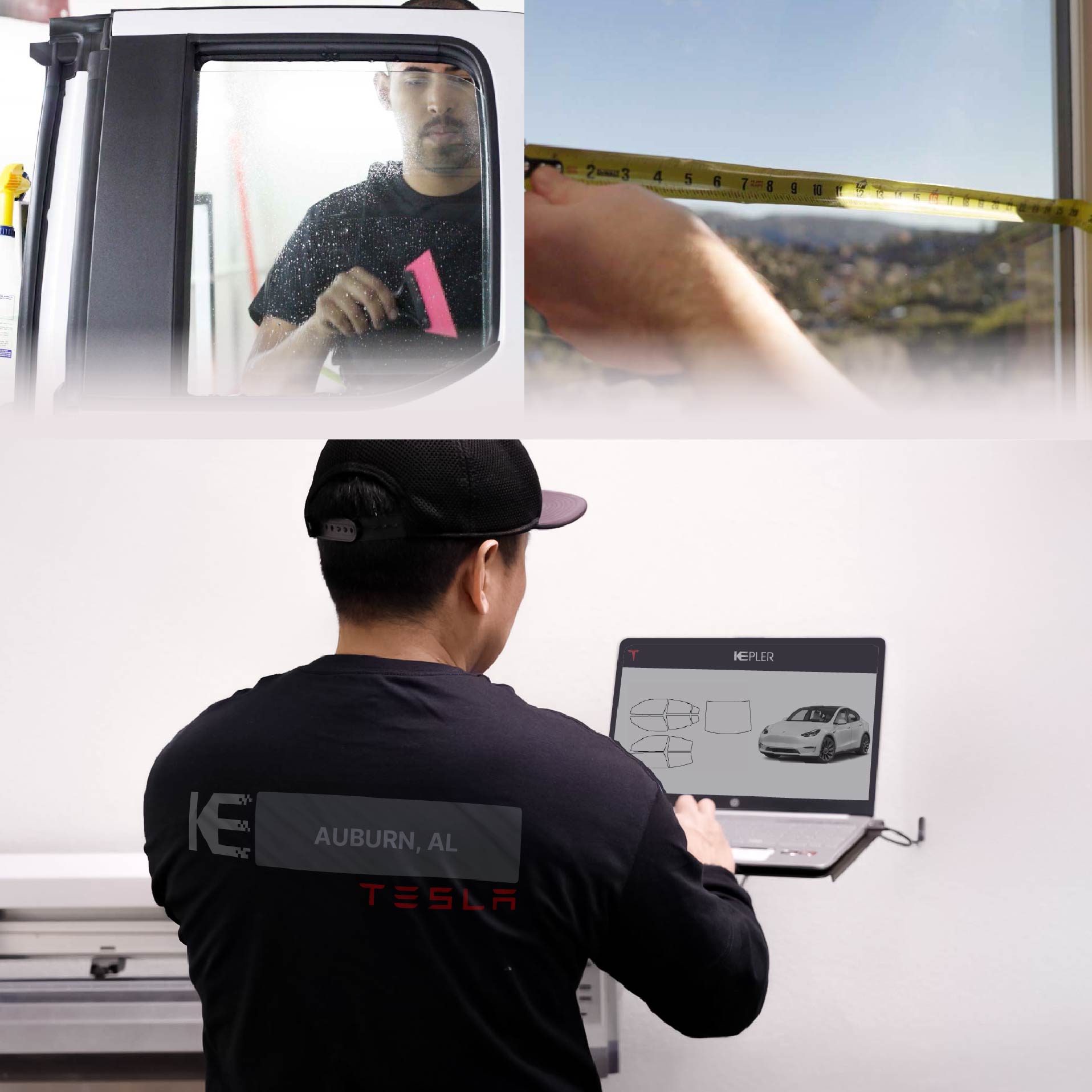 Expert Technician Applying Advanced Window Tint to Tesla in Auburn