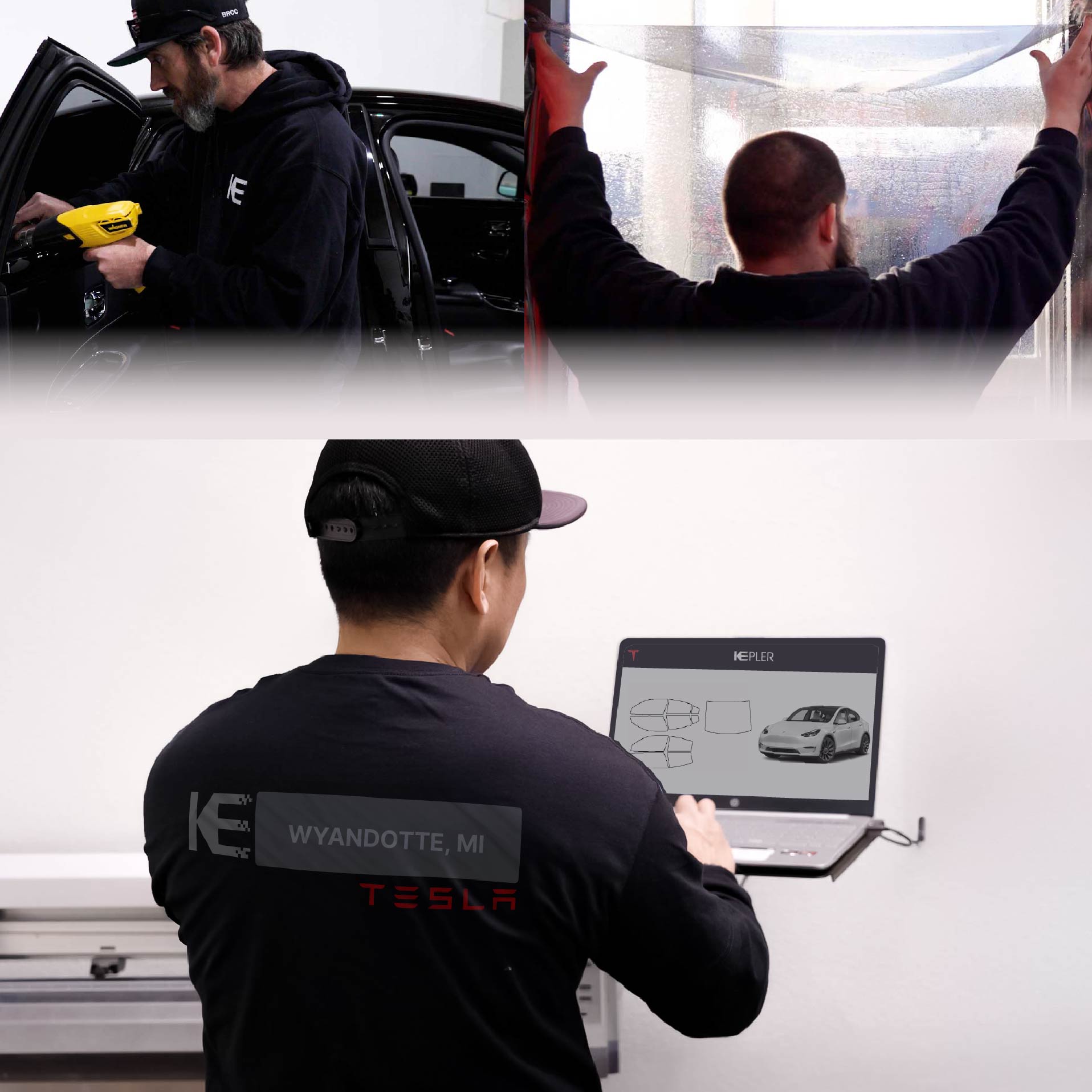 Kepler Technician Installing Advanced Window Tint to Tesla in Wyandotte