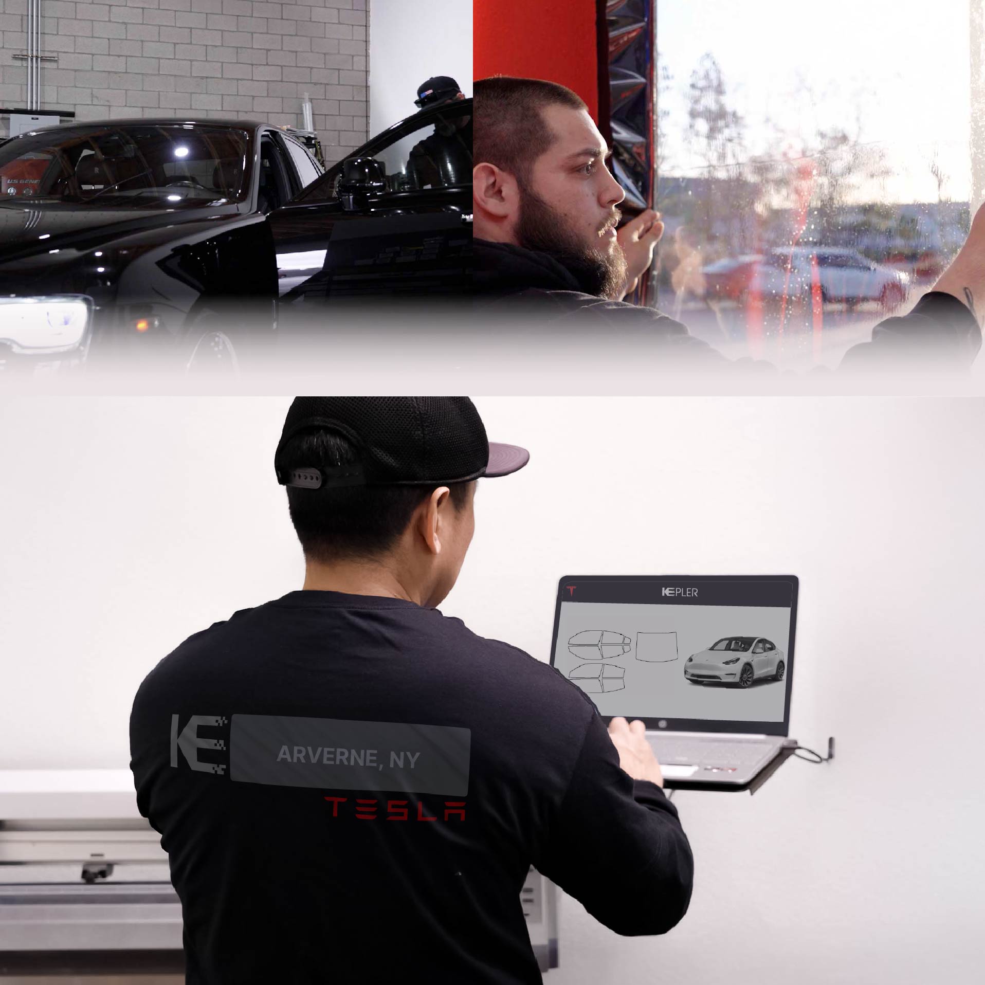 Kepler Technician Applying High-tech Window Tint to Tesla in Arverne