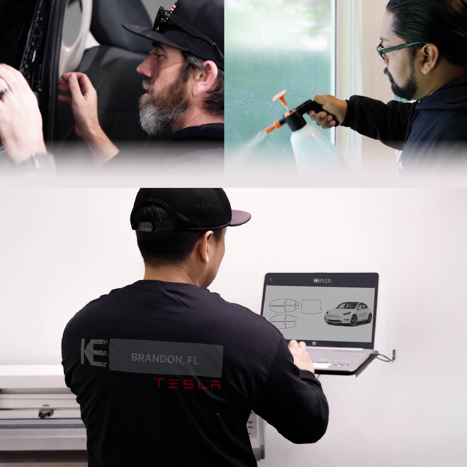 Kepler Technician Fitting Ceramic Window Tint to Tesla in Brandon