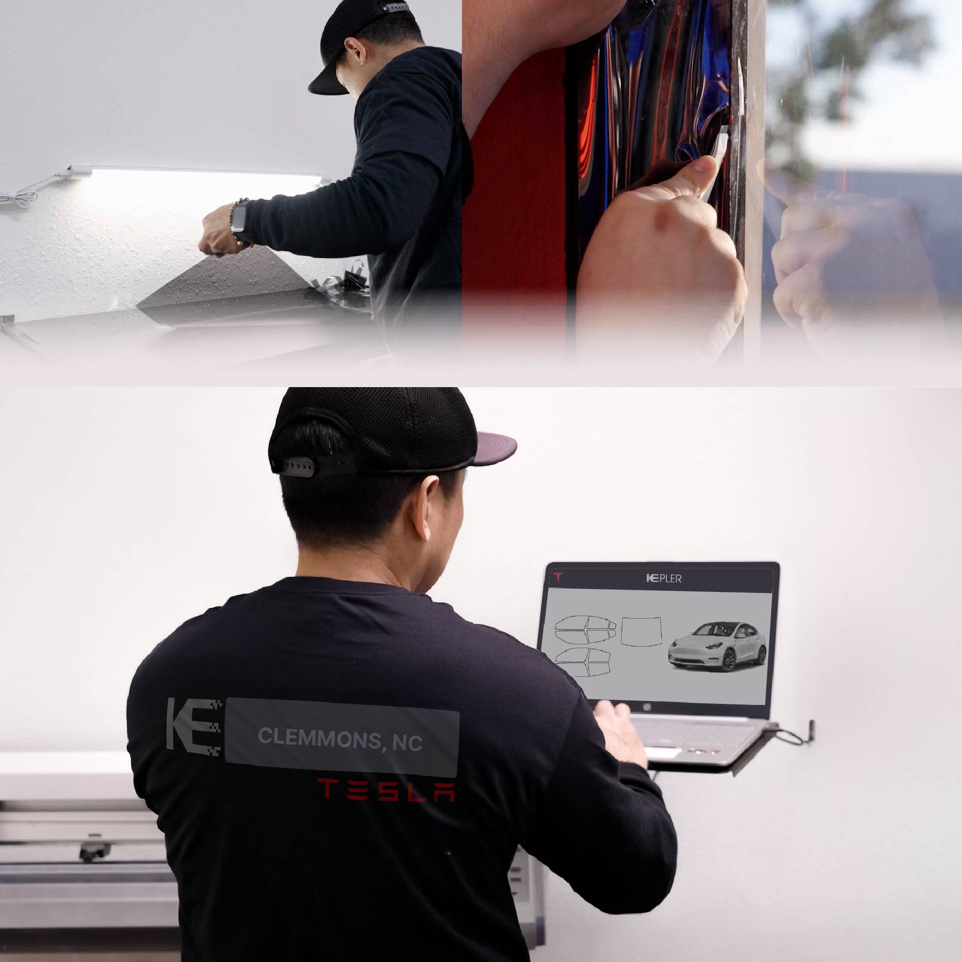 Kepler Technician Applying High-tech Window Tint to Tesla in Clemmons