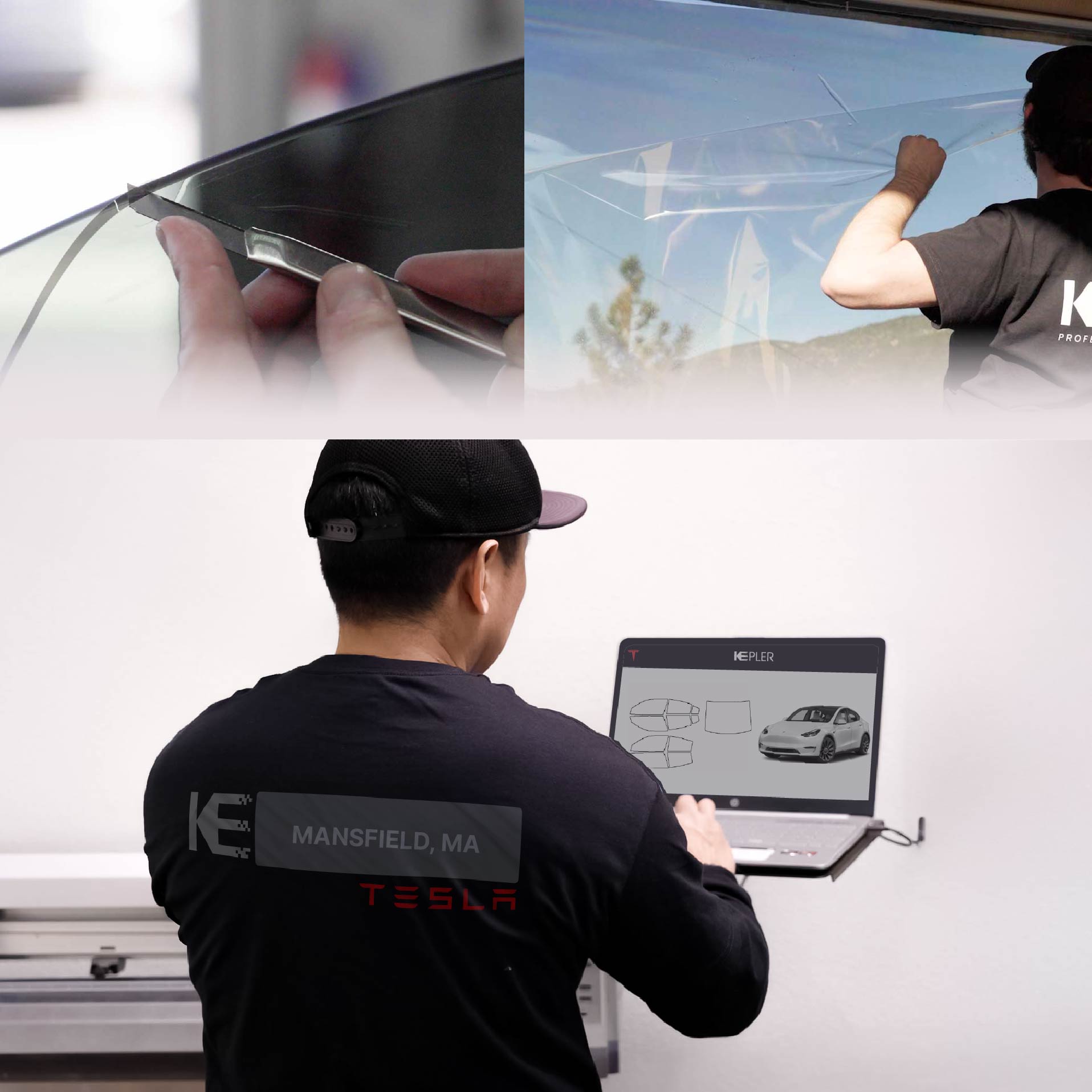 Kepler Technician Fitting Ceramic Window Tint to Tesla in Mansfield