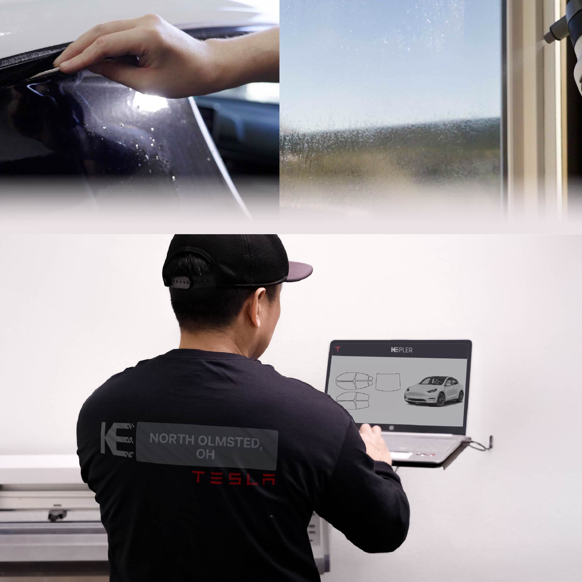 Kepler Technician Fitting Ceramic Window Tint to Tesla in North Olmsted