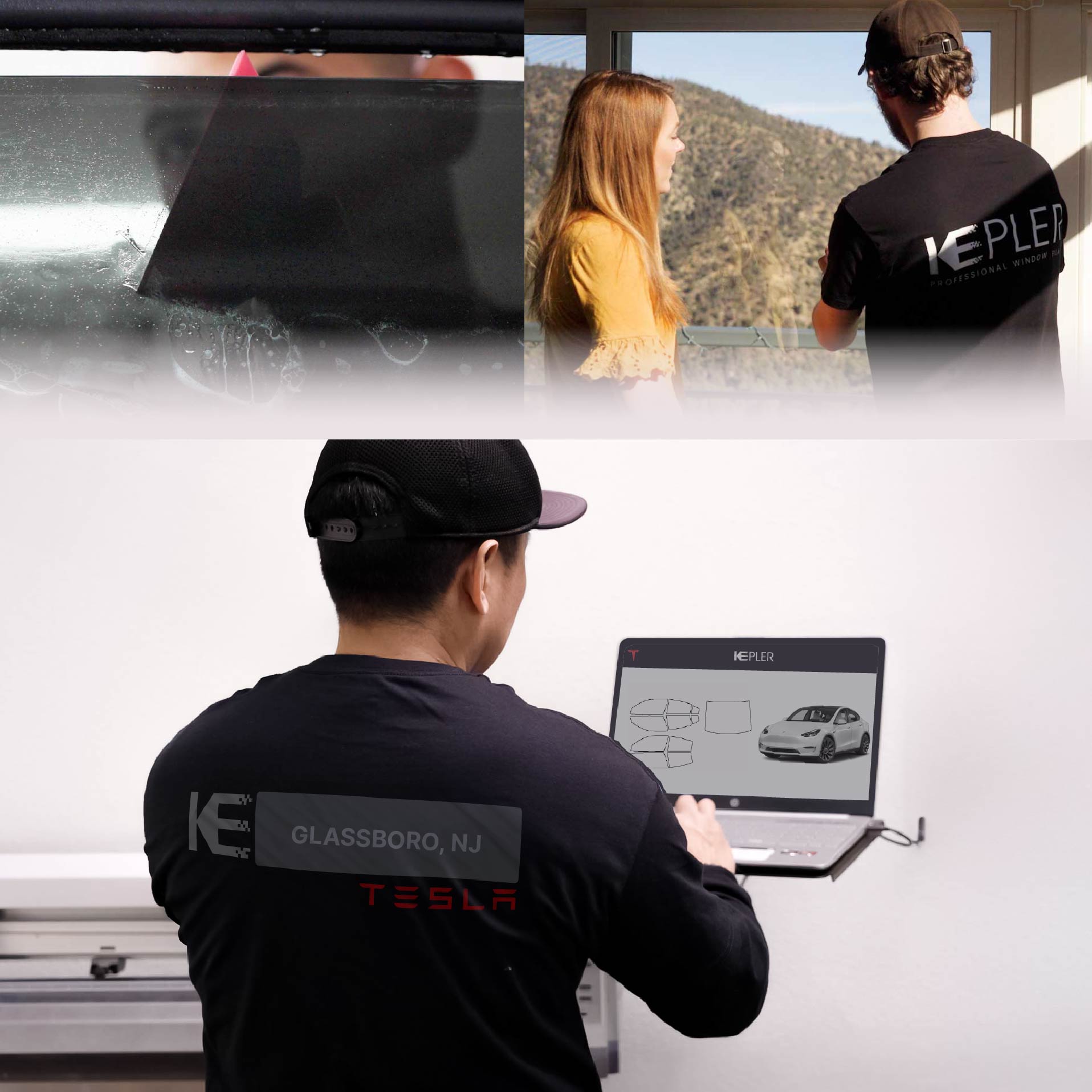 Kepler Technician Applying Ceramic Window Tint to Tesla in Glassboro