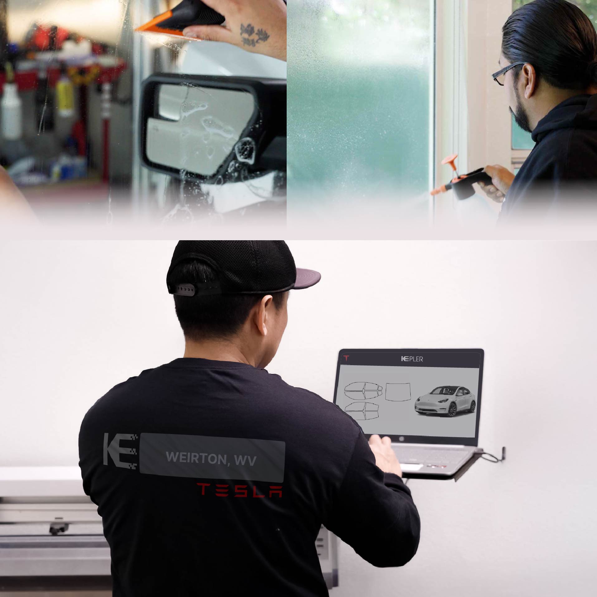 Expert Technician Fitting Advanced Window Tint to Tesla in Weirton