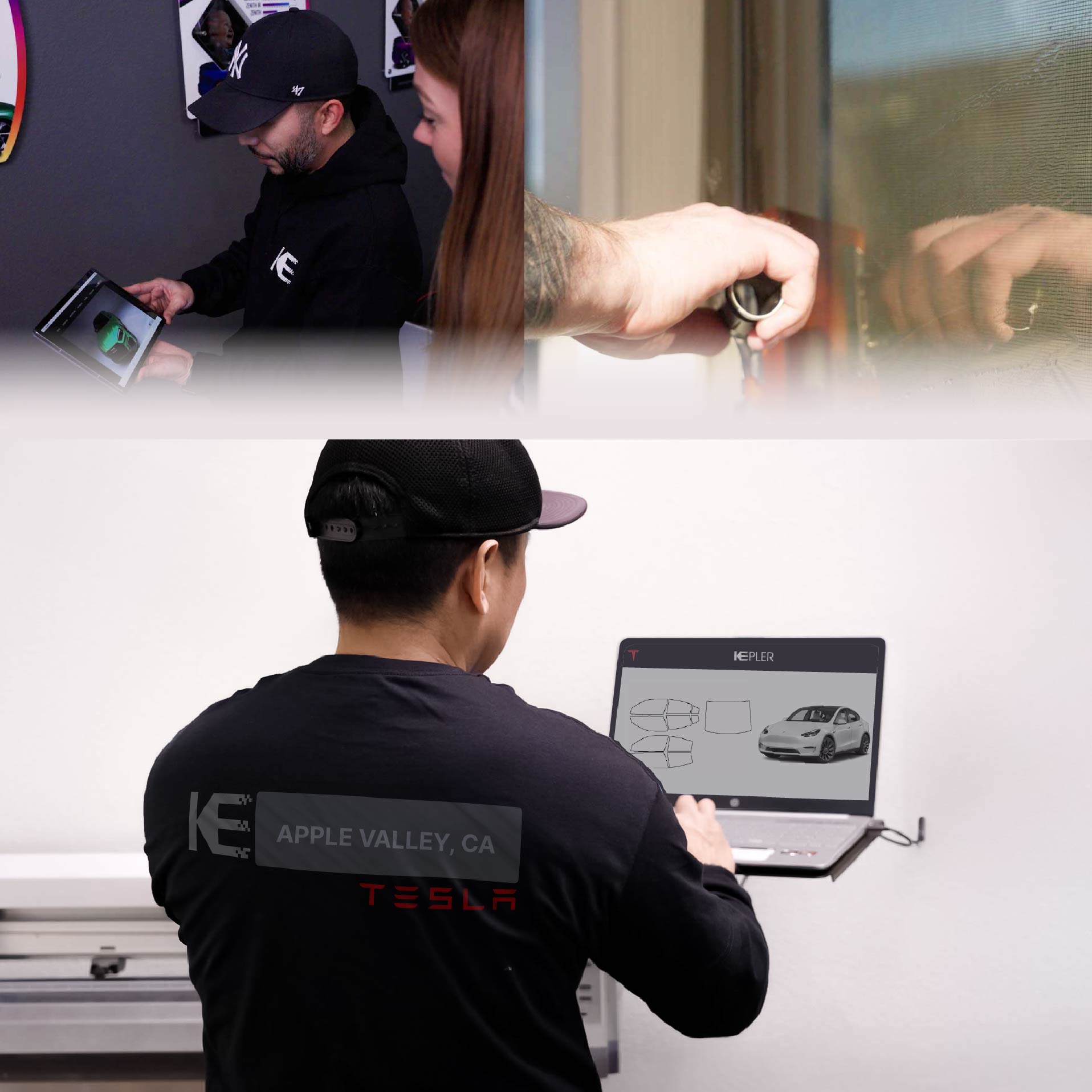 Kepler Technician Installing Ceramic Window Tint to Tesla in Apple Valley