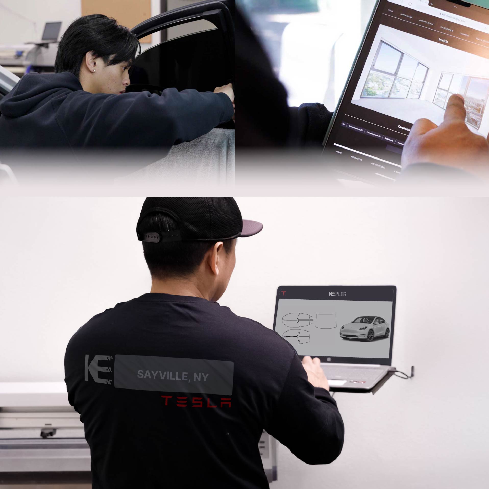 Expert Technician Fitting Ceramic Window Tint to Tesla in Sayville