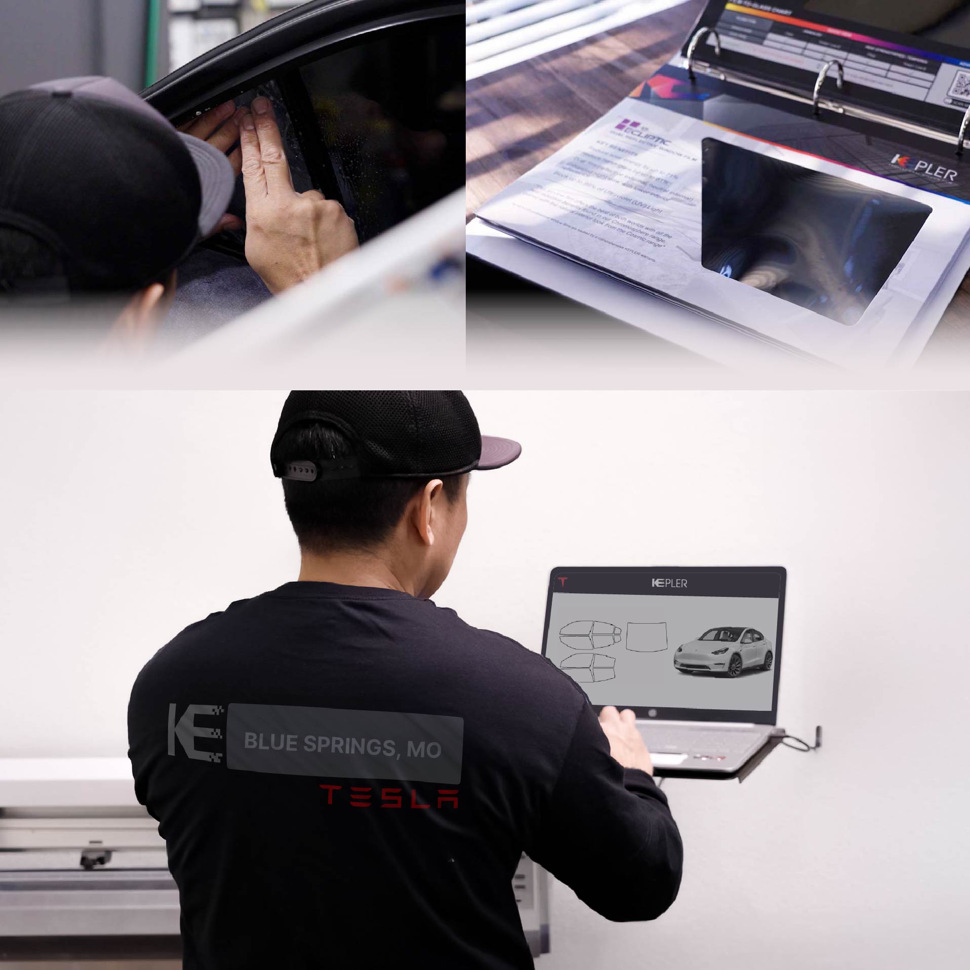 Kepler Technician Applying Advanced Window Tint to Tesla in Blue Springs
