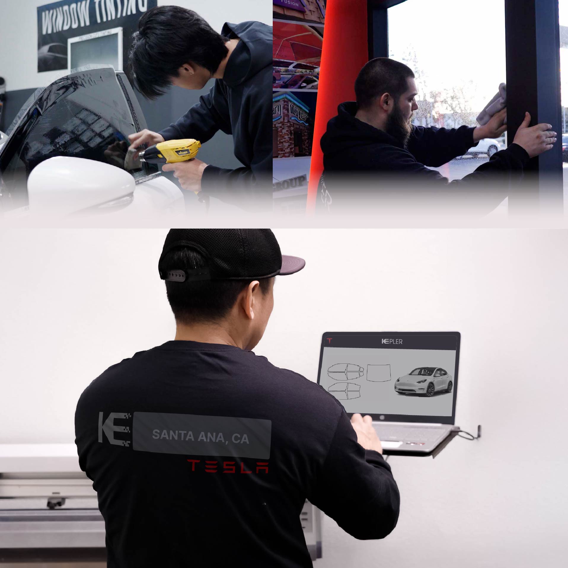 Expert Technician Installing High-tech Window Tint to Tesla in Santa Ana