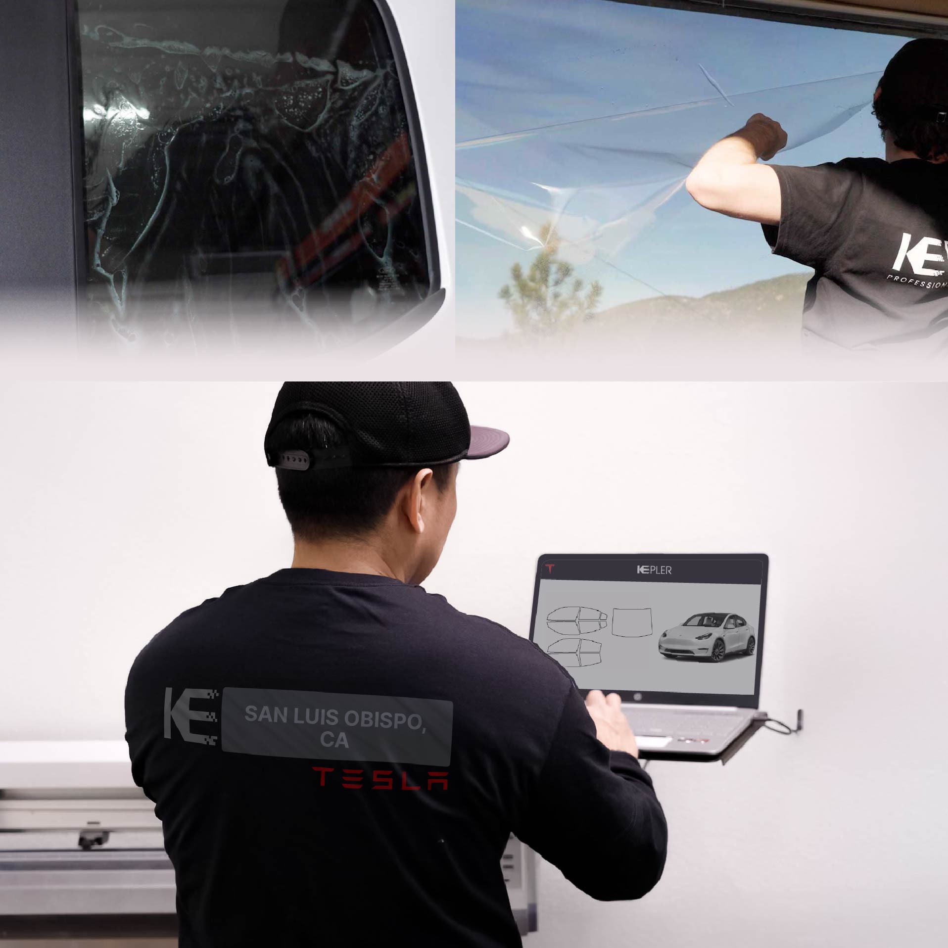 Expert Technician Installing High-tech Window Tint to Tesla in San Luis Obispo