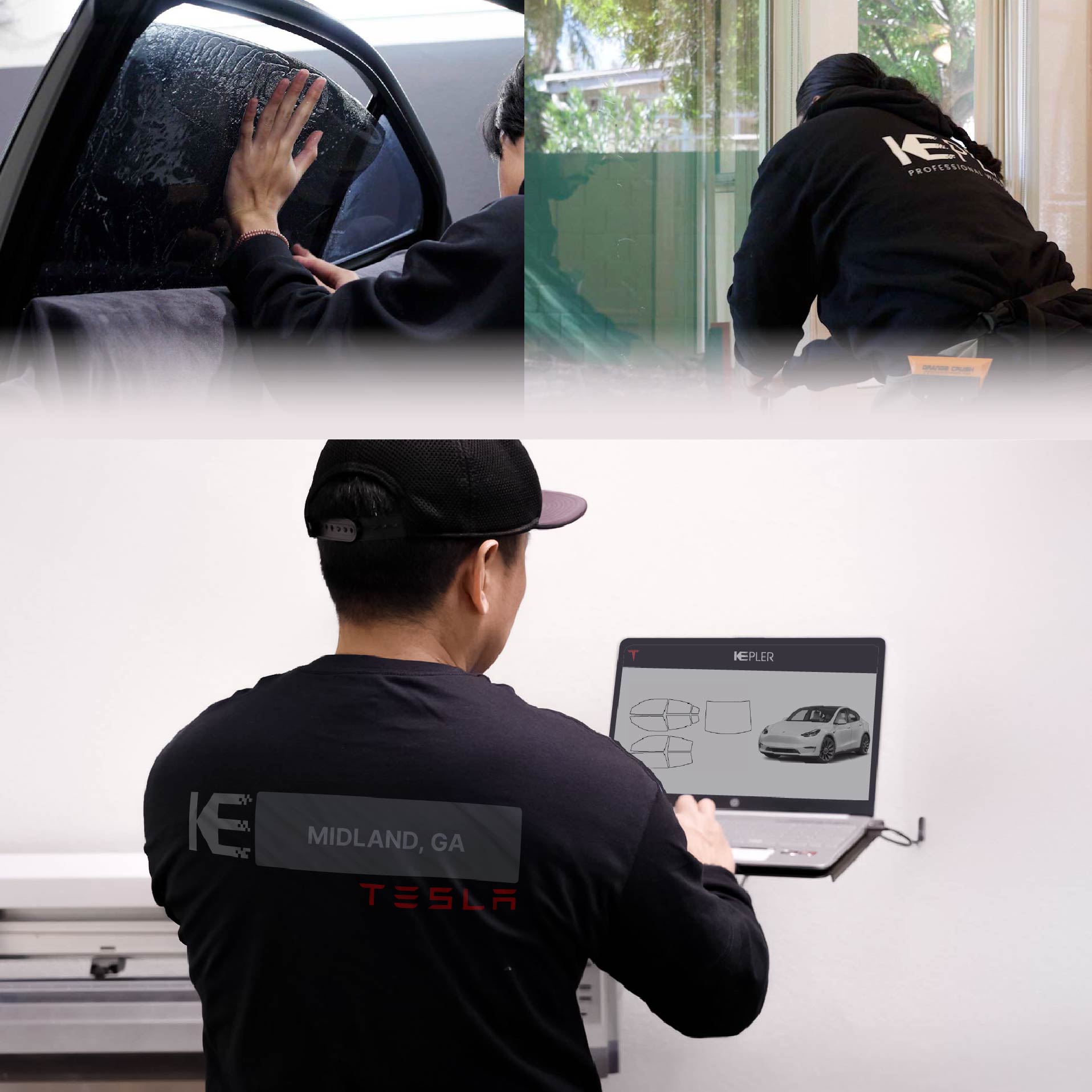 Expert Technician Applying Advanced Window Tint to Tesla in Midland