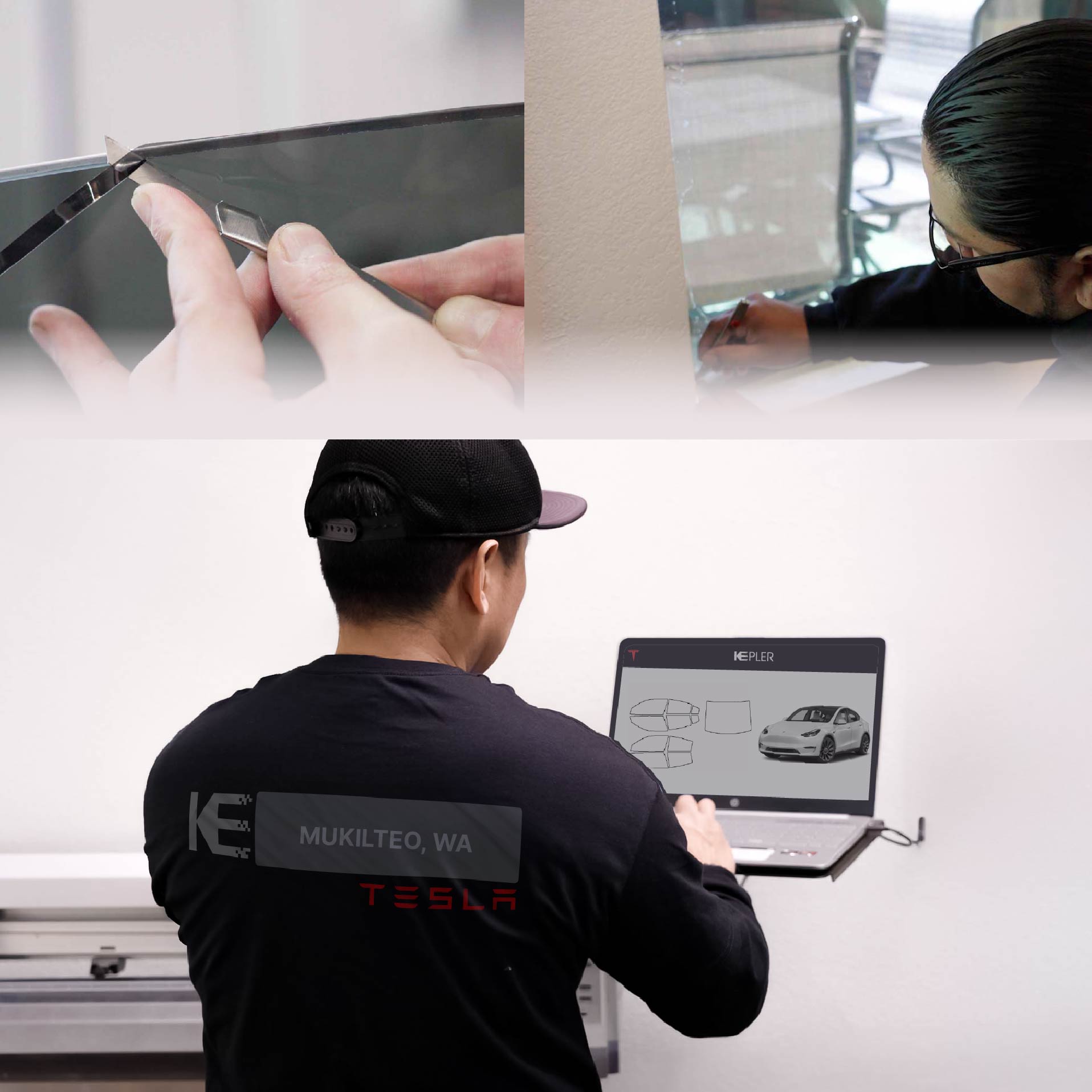 Expert Technician Fitting High-tech Window Tint to Tesla in Mukilteo