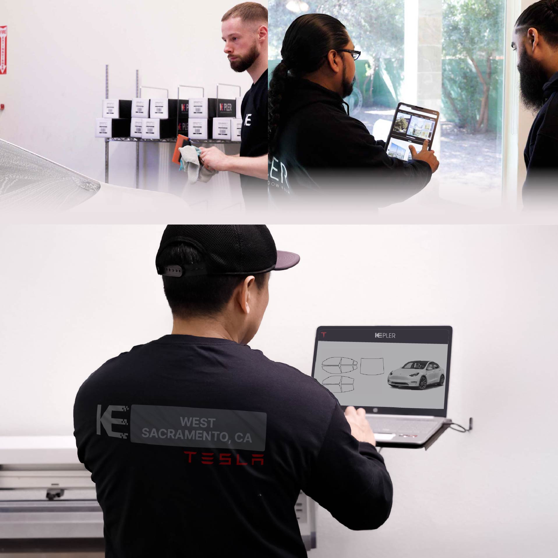Expert Technician Fitting High-tech Window Tint to Tesla in West Sacramento