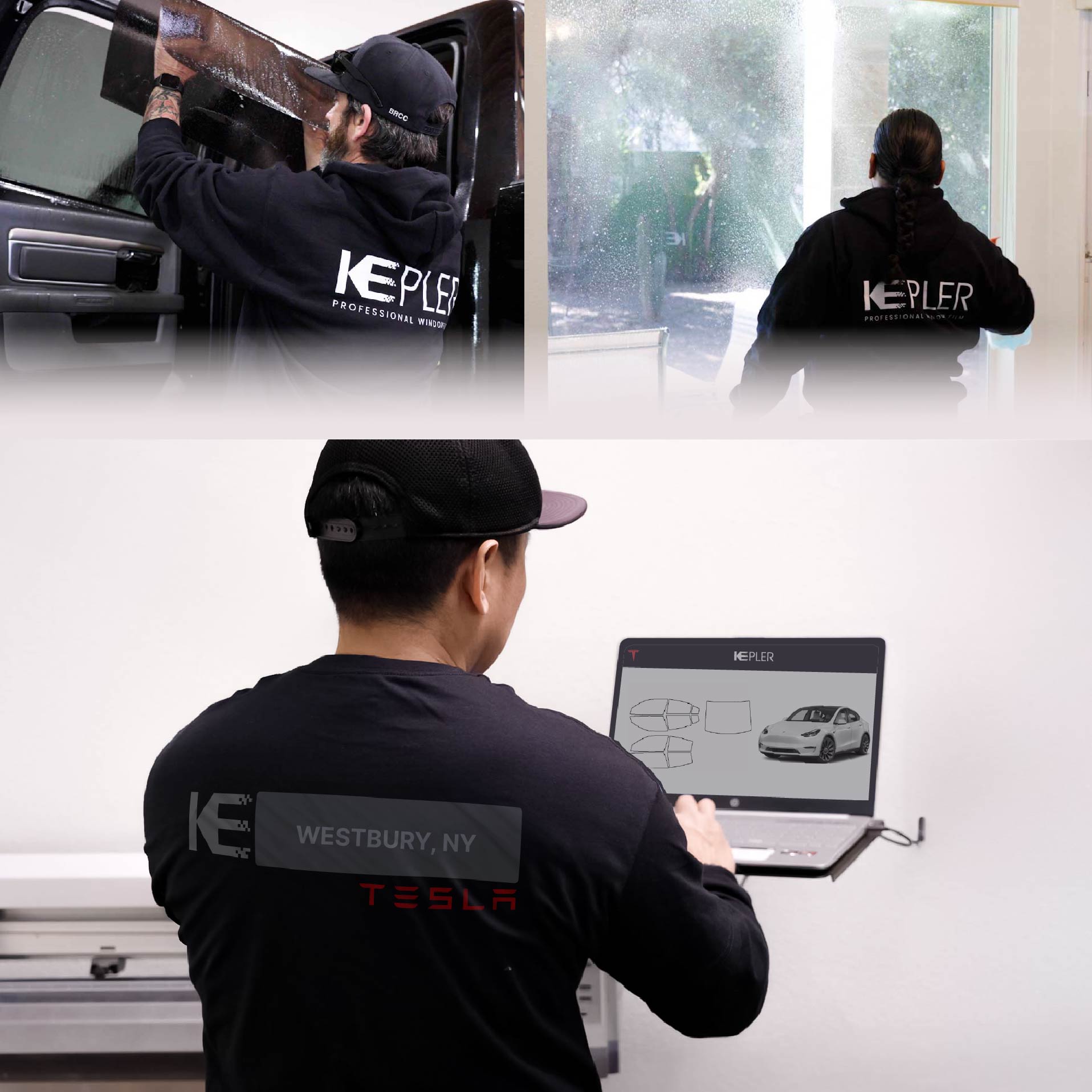 Expert Technician Applying Advanced Window Tint to Tesla in Westbury