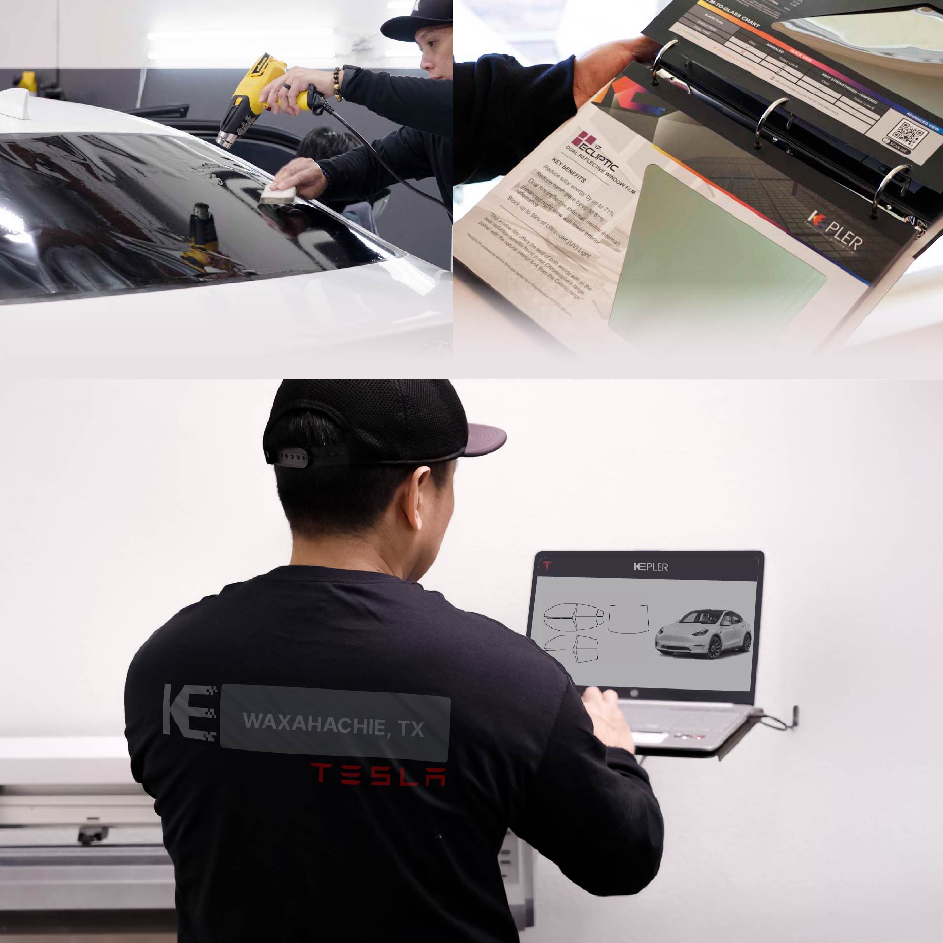 Expert Technician Installing High-tech Window Tint to Tesla in Waxahachie