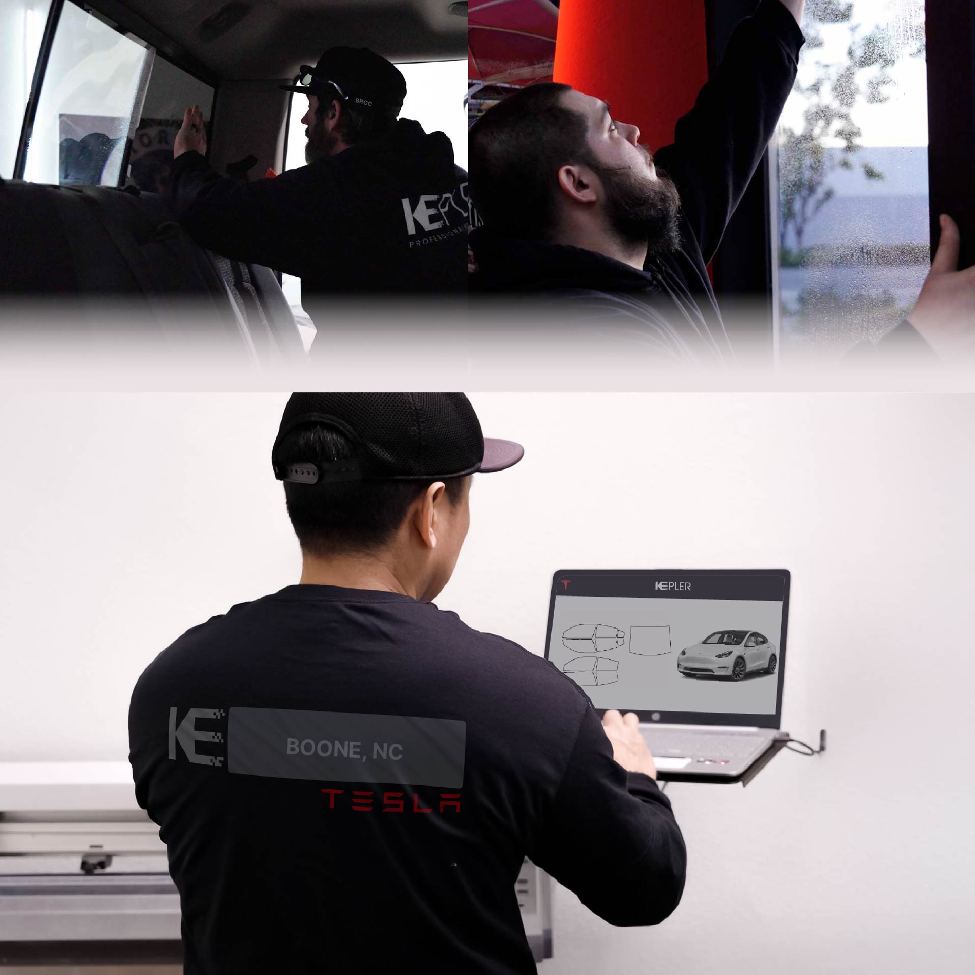 Expert Technician Fitting Advanced Window Tint to Tesla in Boone