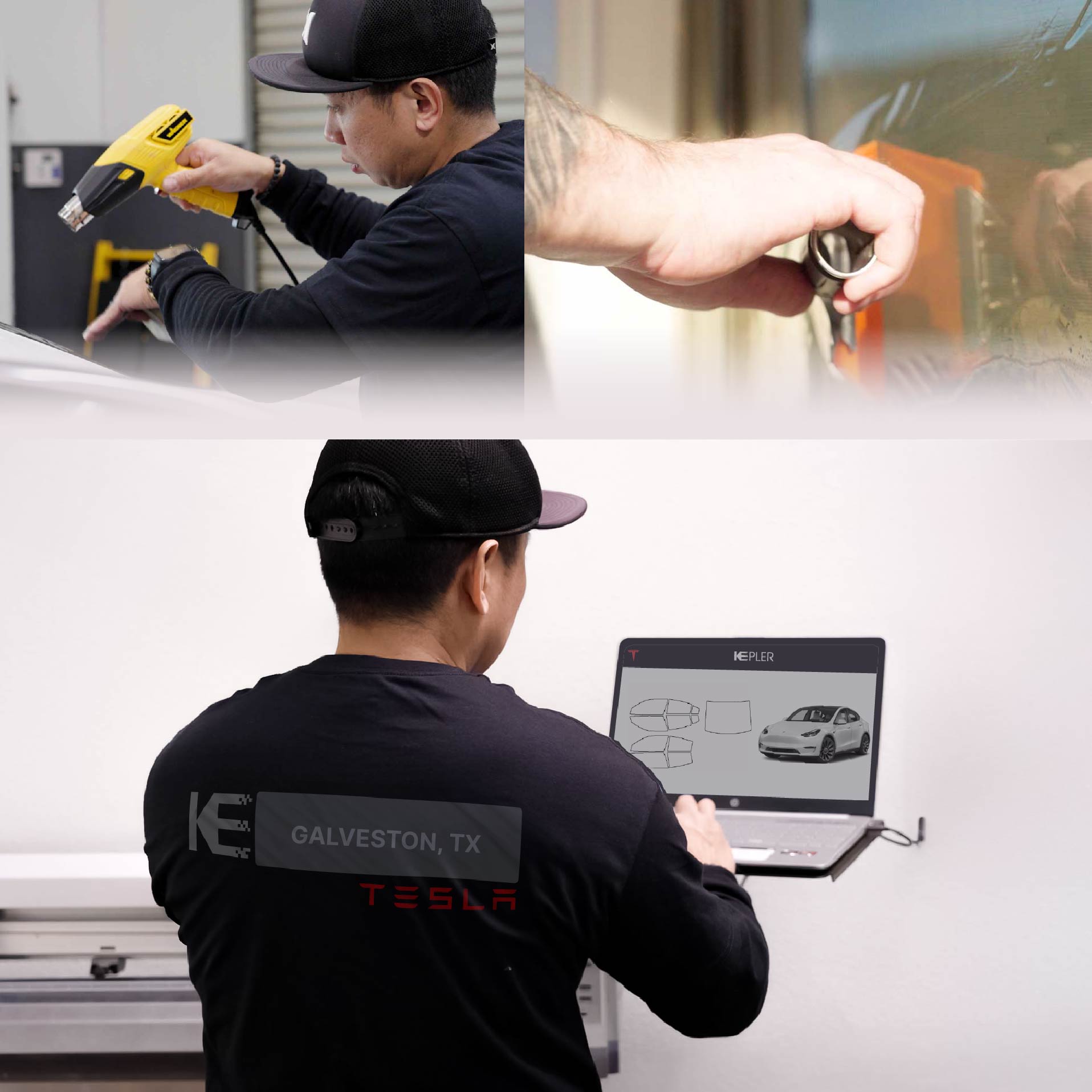Expert Technician Applying Advanced Window Tint to Tesla in Galveston