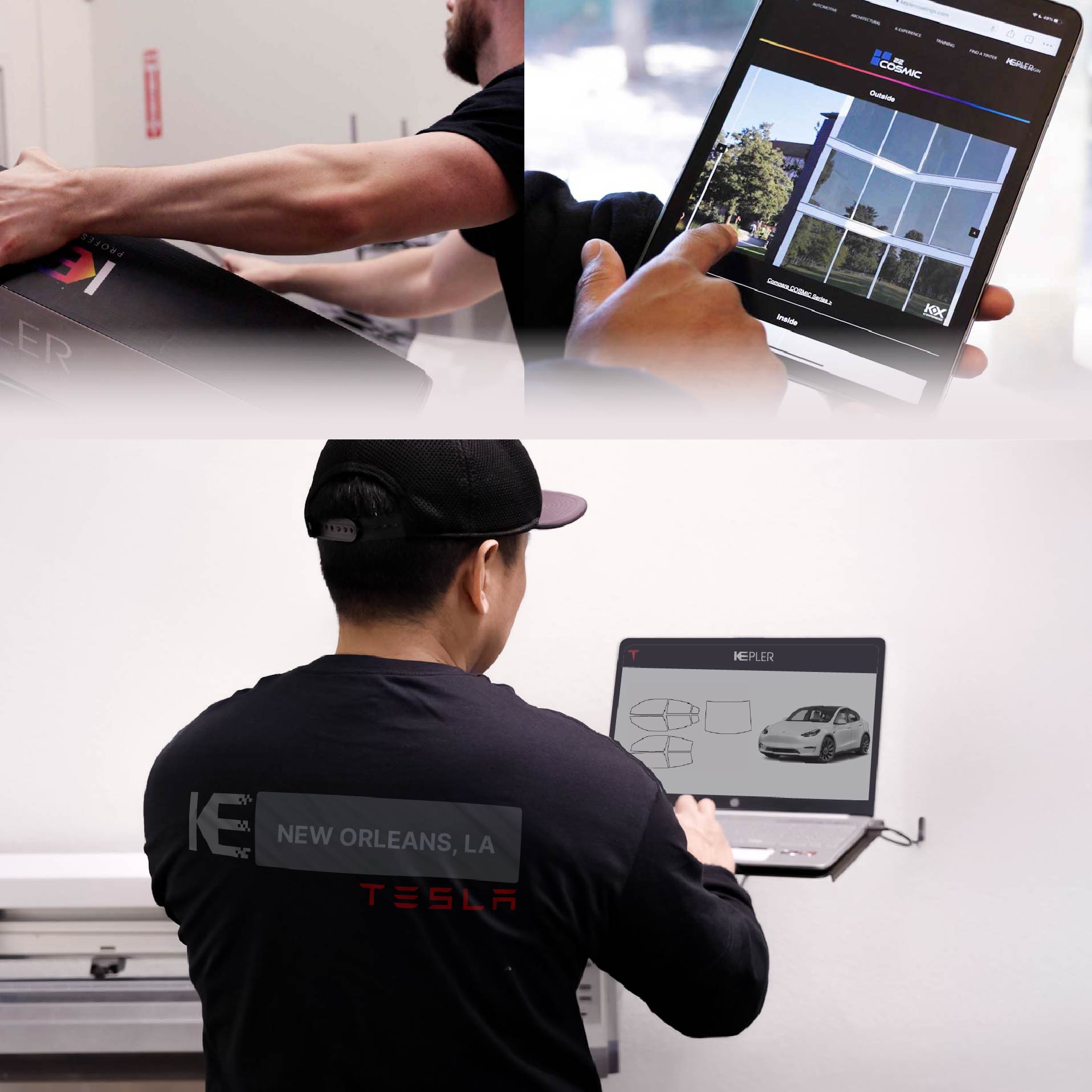 Expert Technician Fitting High-tech Window Tint to Tesla in New Orleans