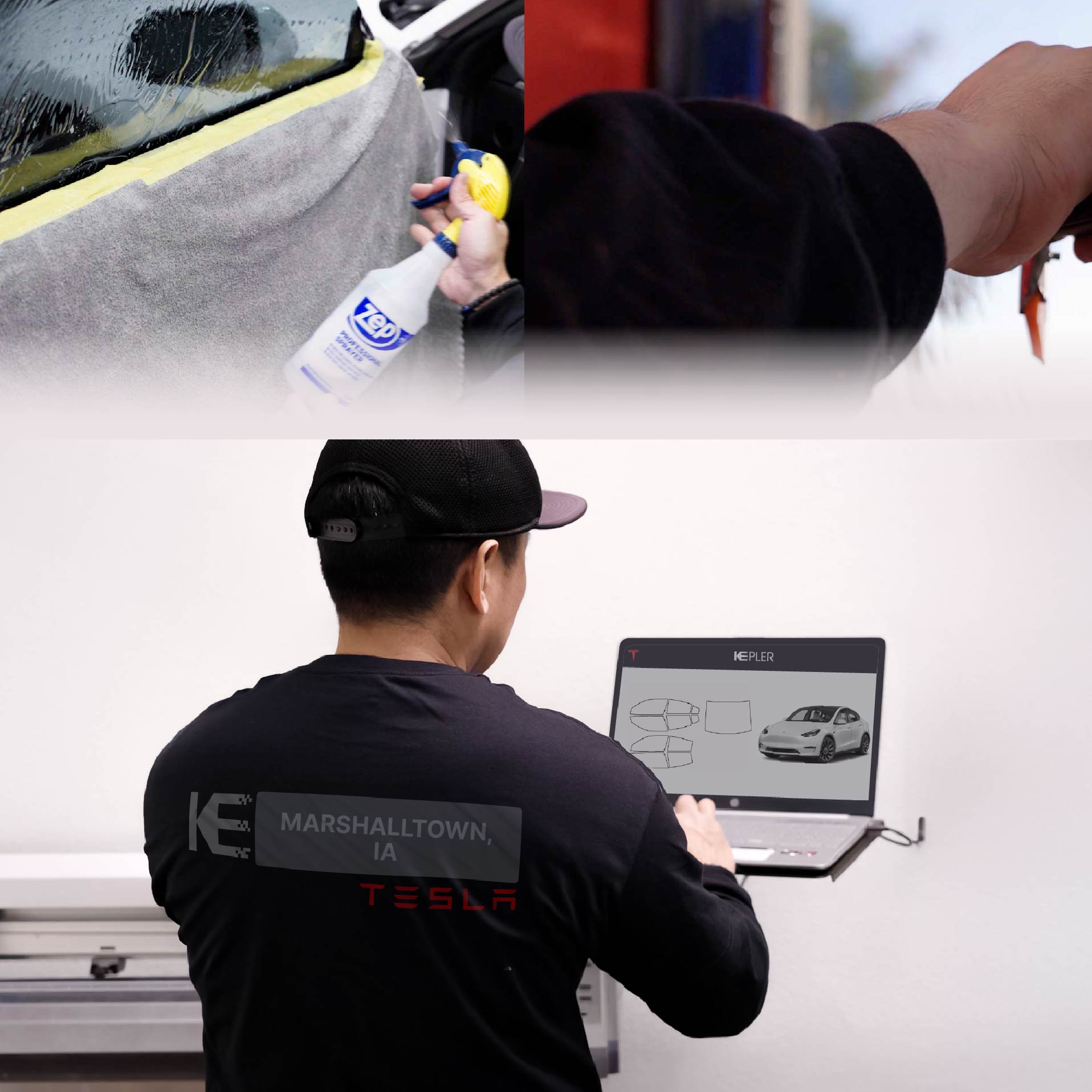 Kepler Technician Applying Ceramic Window Tint to Tesla in Marshalltown