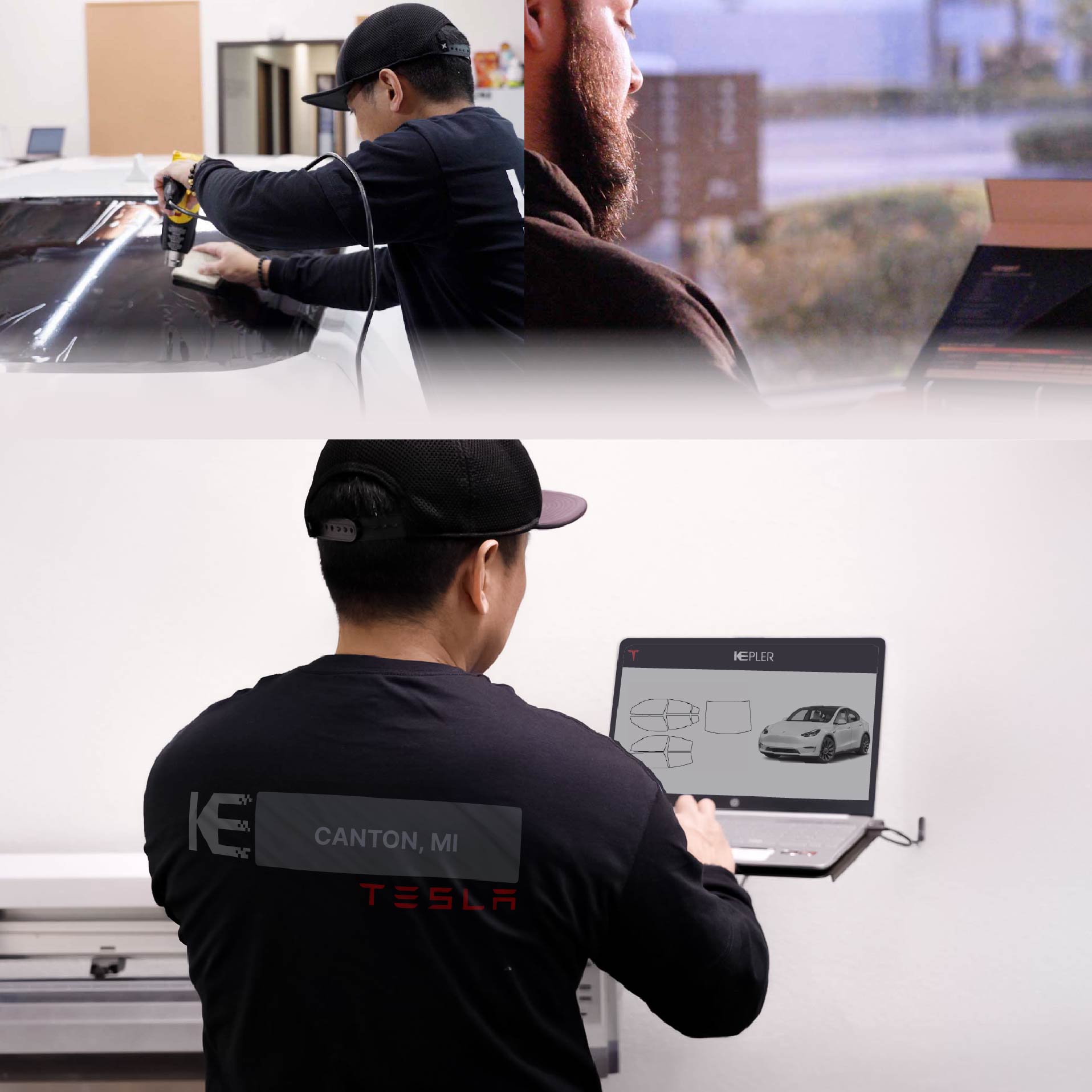 Expert Technician Installing High-tech Window Tint to Tesla in Canton