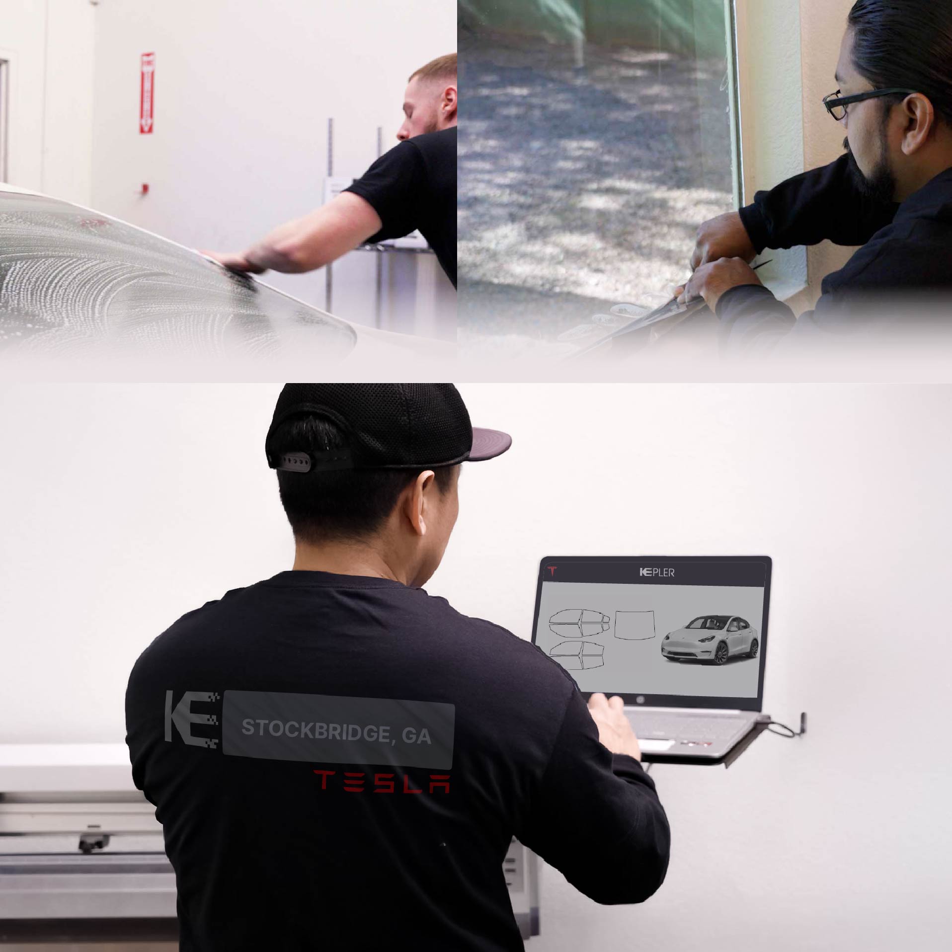 Kepler Technician Installing Ceramic Window Tint to Tesla in Stockbridge