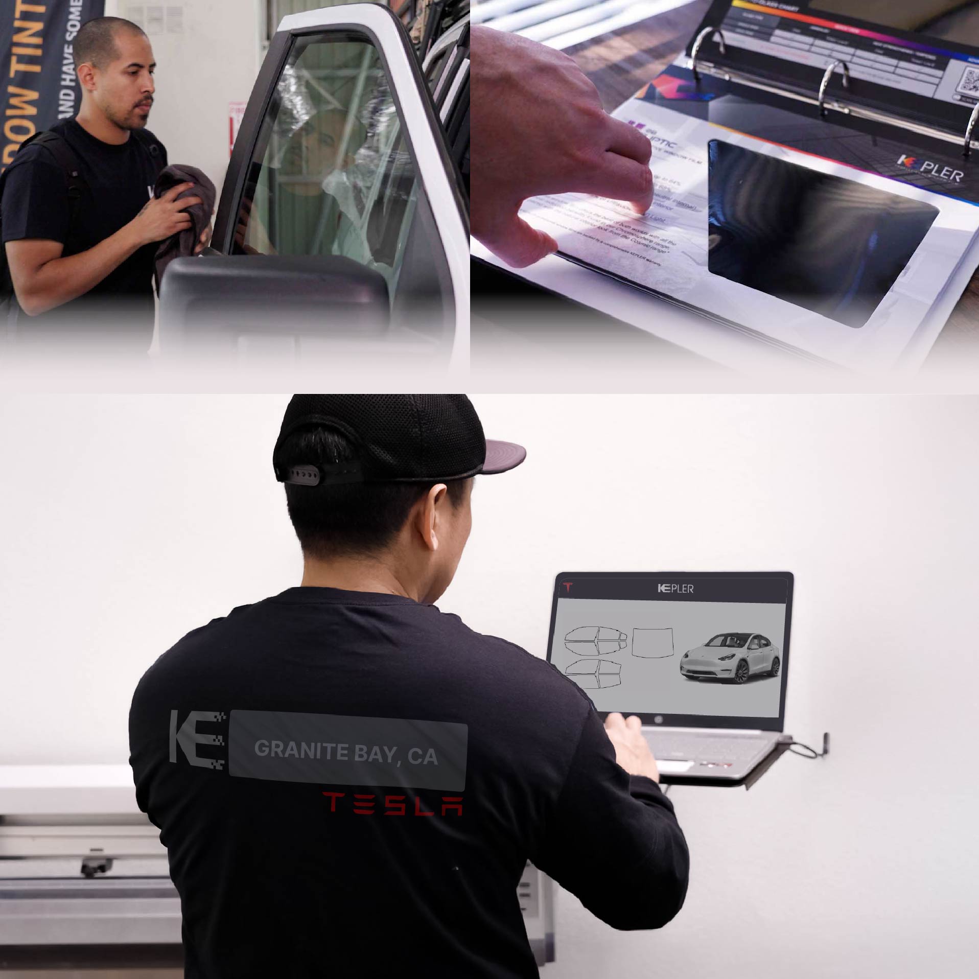 Kepler Technician Installing Ceramic Window Tint to Tesla in Granite Bay