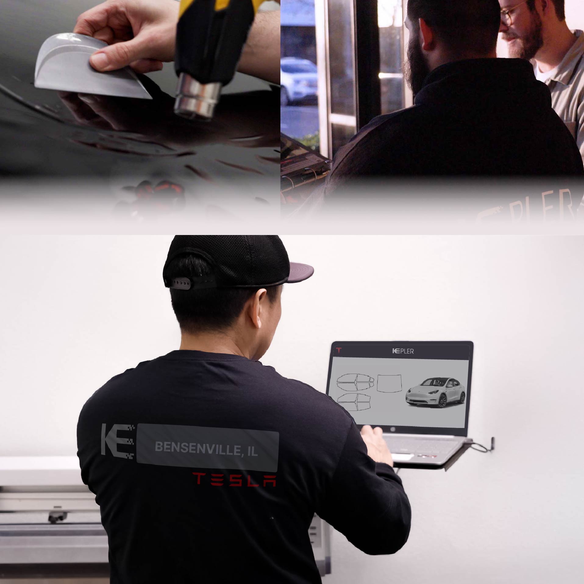 Kepler Technician Fitting High-tech Window Tint to Tesla in Bensenville