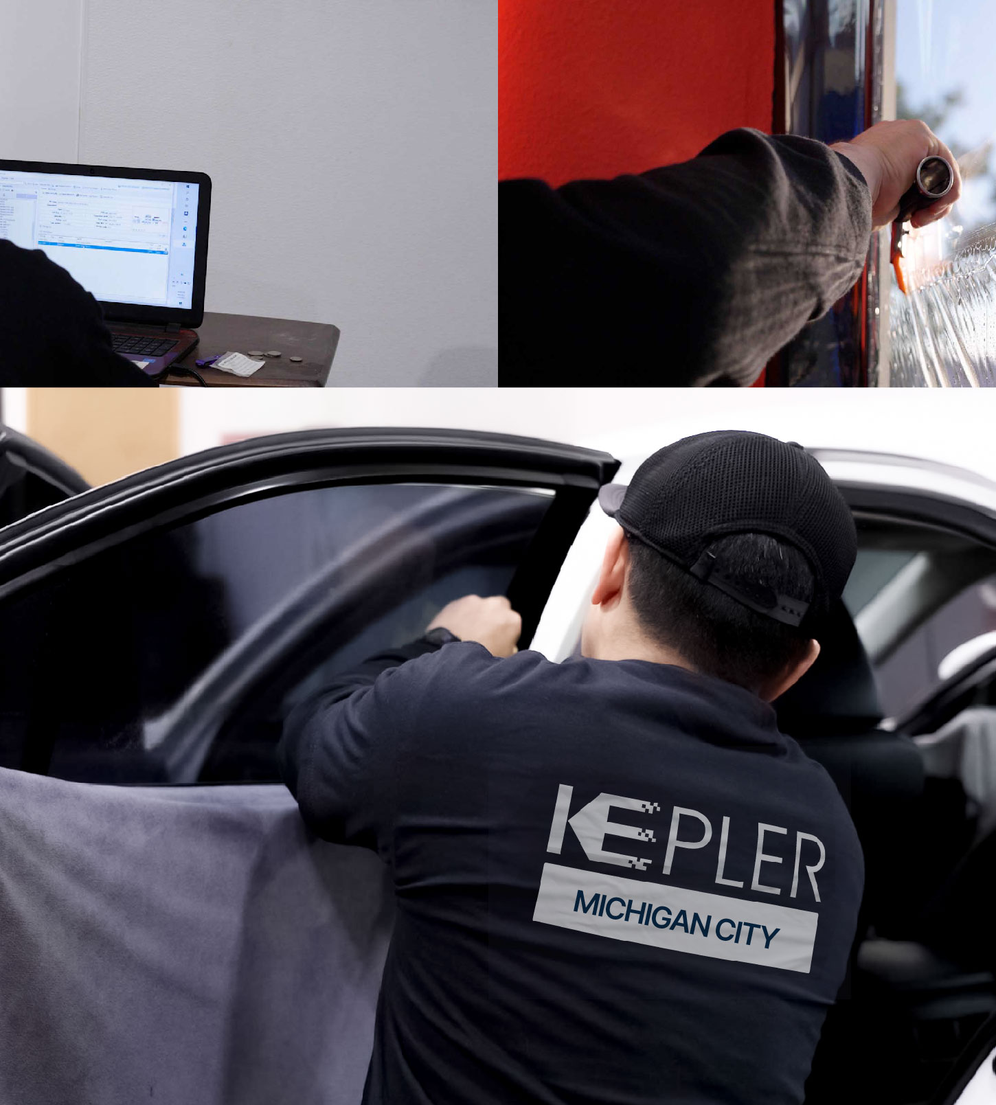 Automotive Window Tinting Expert Applying Film in Michigan City, Indiana