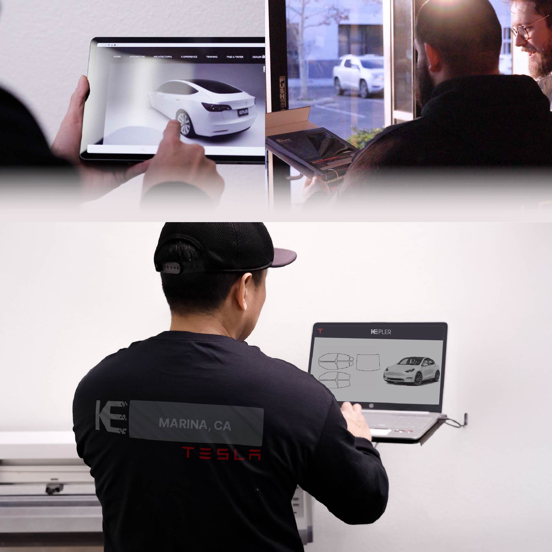 Expert Technician Applying Advanced Window Tint to Tesla in Marina