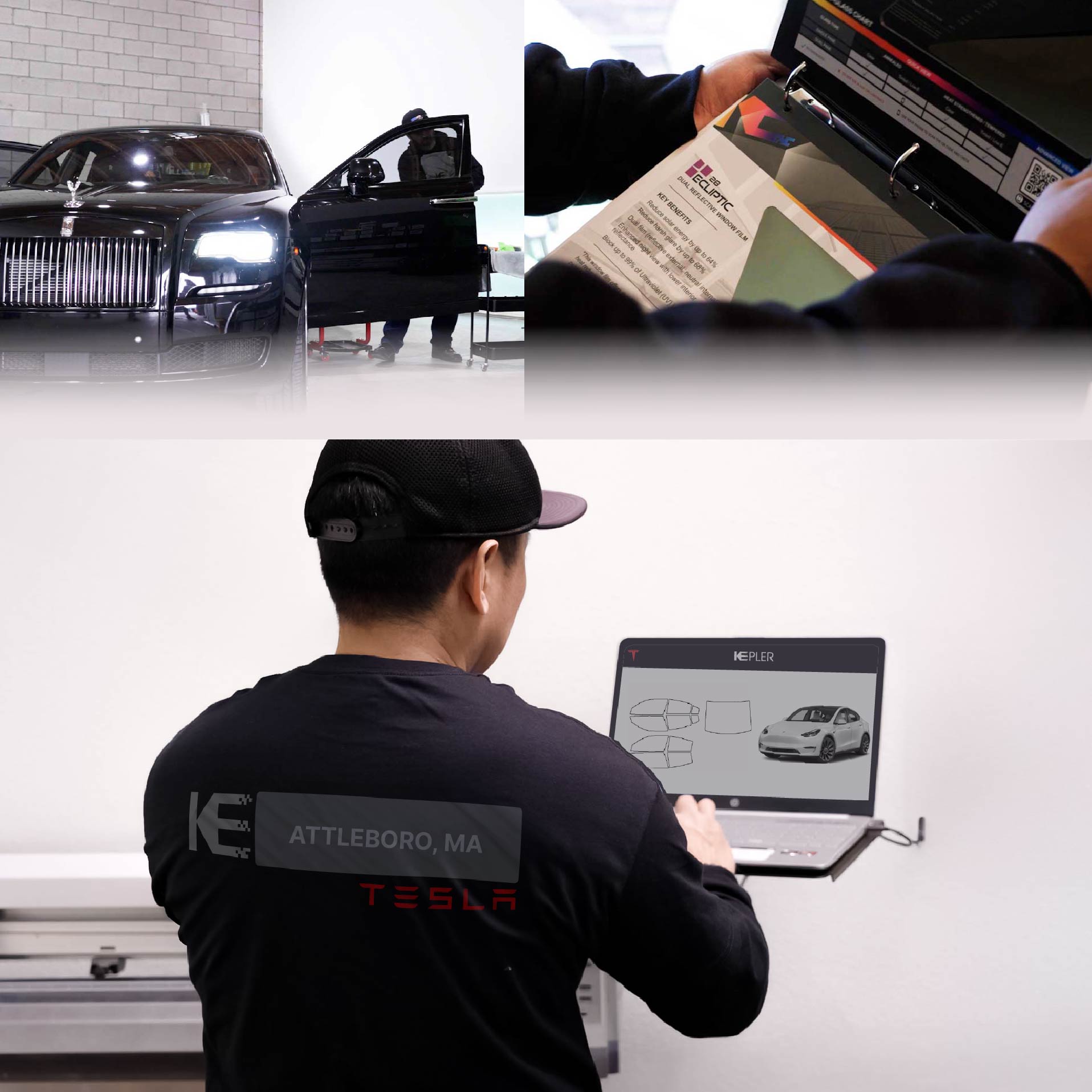 Expert Technician Fitting Advanced Window Tint to Tesla in Attleboro