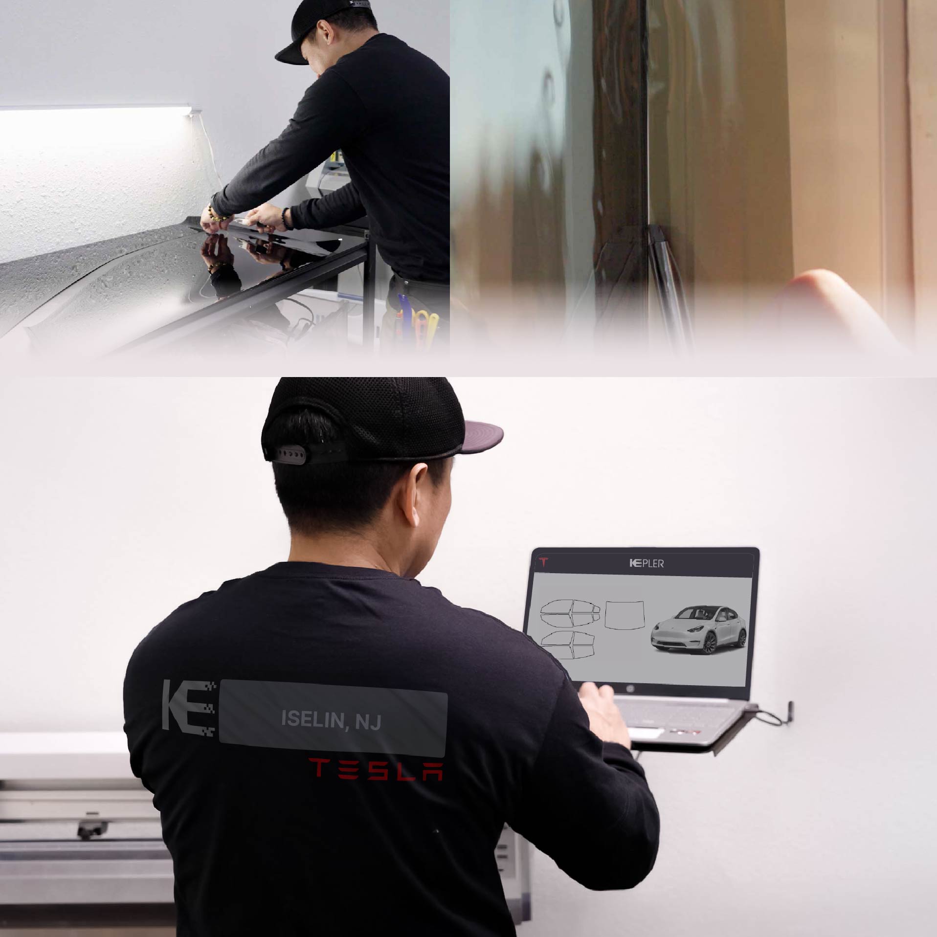 Expert Technician Applying Ceramic Window Tint to Tesla in Iselin
