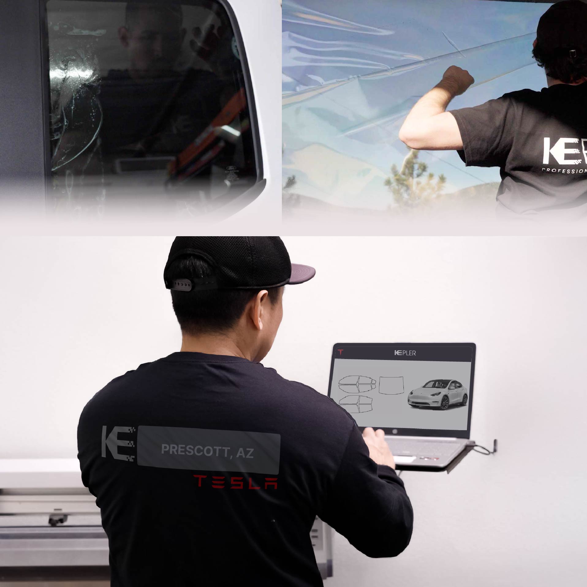 Expert Technician Fitting Advanced Window Tint to Tesla in Prescott